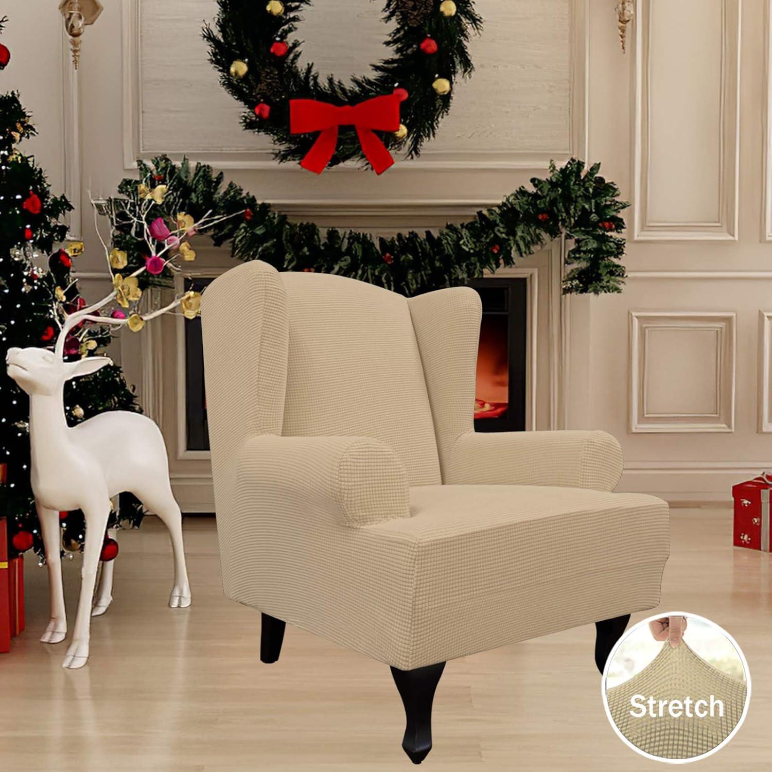 image:imageEasyGoing Stretch Wingback Chair Sofa Slipcover 1Piece Sofa Cover Furniture Protector Couch Soft with Elastic Bottom Spandex Jacquard Fabric Small ChecksWing ChairCamelSand