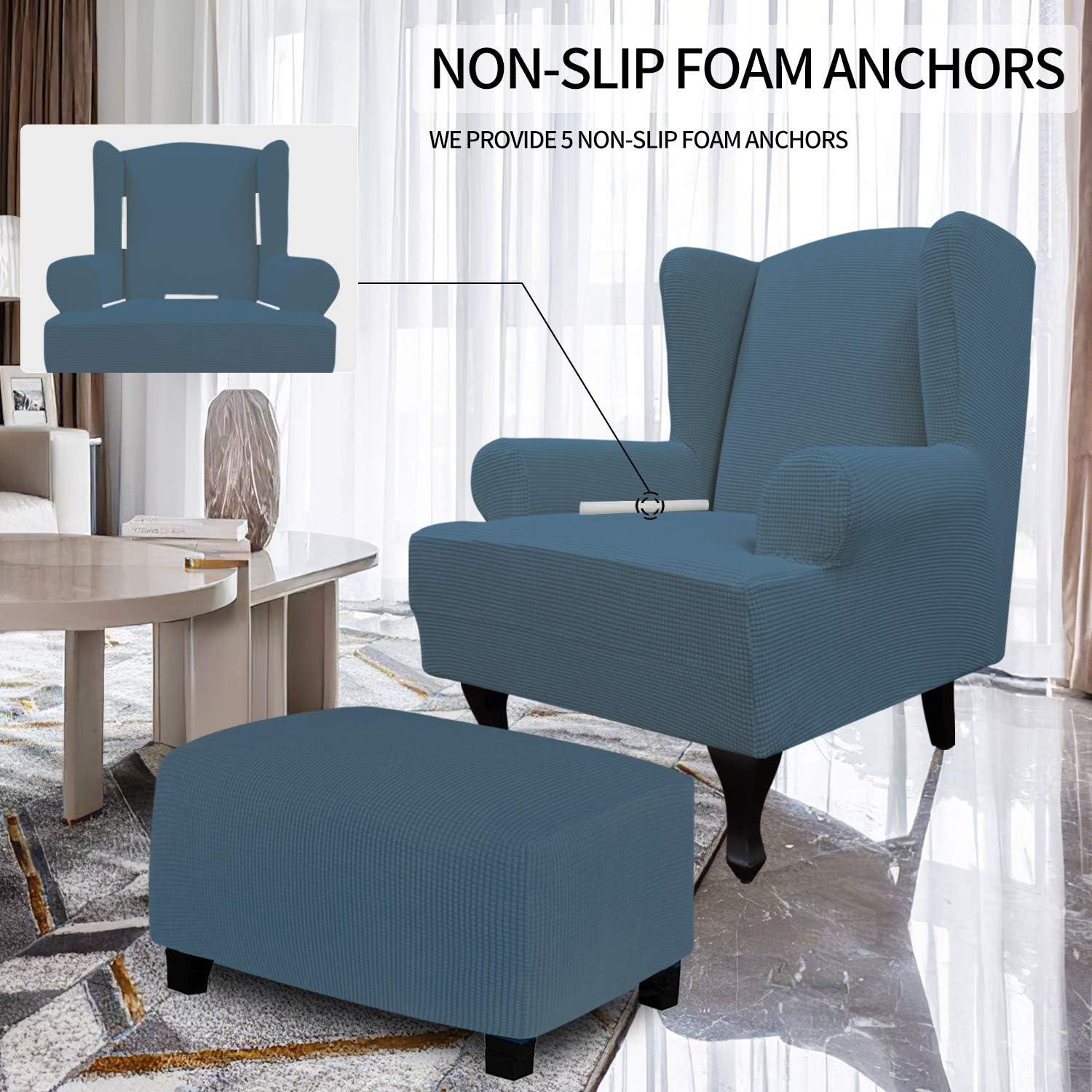 image:imageEasyGoing Stretch Wingback Chair Sofa Slipcover 1Piece Sofa Cover Furniture Protector Couch Soft with Elastic Bottom Spandex Jacquard Fabric Small ChecksWing ChairCamelBluestone