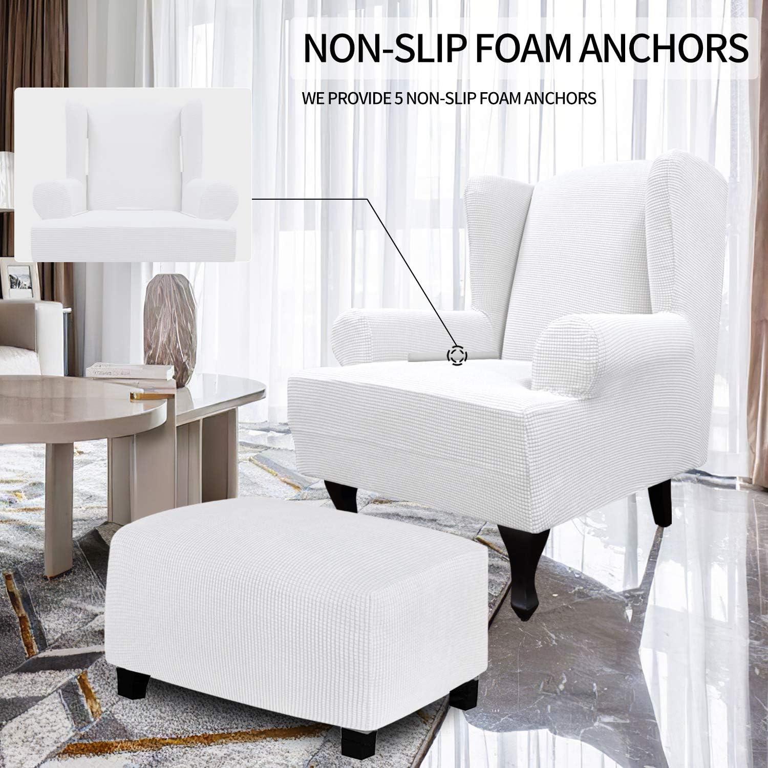 image:imageEasyGoing Stretch Wingback Chair Sofa Slipcover 1Piece Sofa Cover Furniture Protector Couch Soft with Elastic Bottom Spandex Jacquard Fabric Small ChecksWing ChairCamelSnow White
