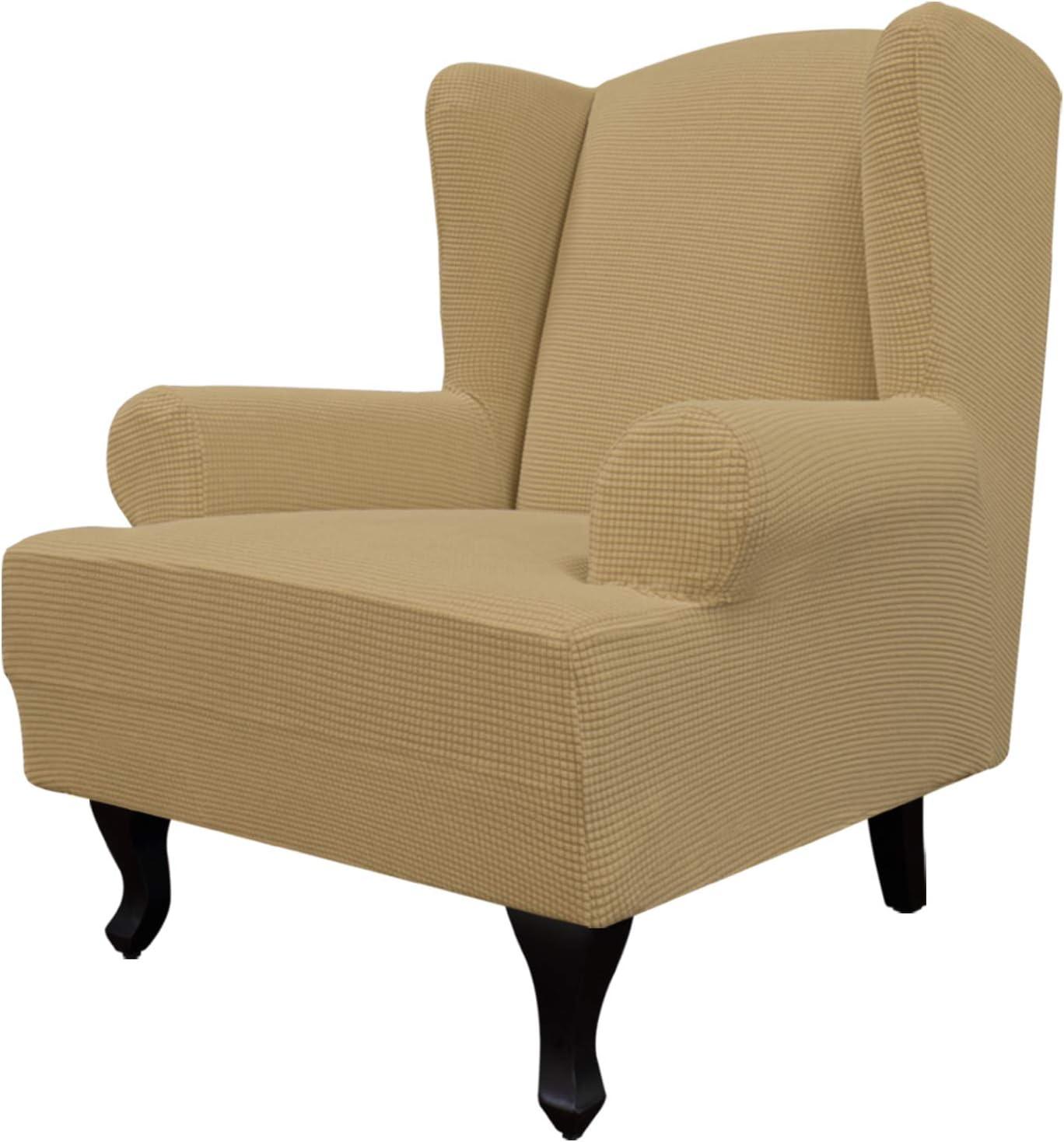 image:imageEasyGoing Stretch Wingback Chair Sofa Slipcover 1Piece Sofa Cover Furniture Protector Couch Soft with Elastic Bottom Spandex Jacquard Fabric Small ChecksWing ChairCamelGolden