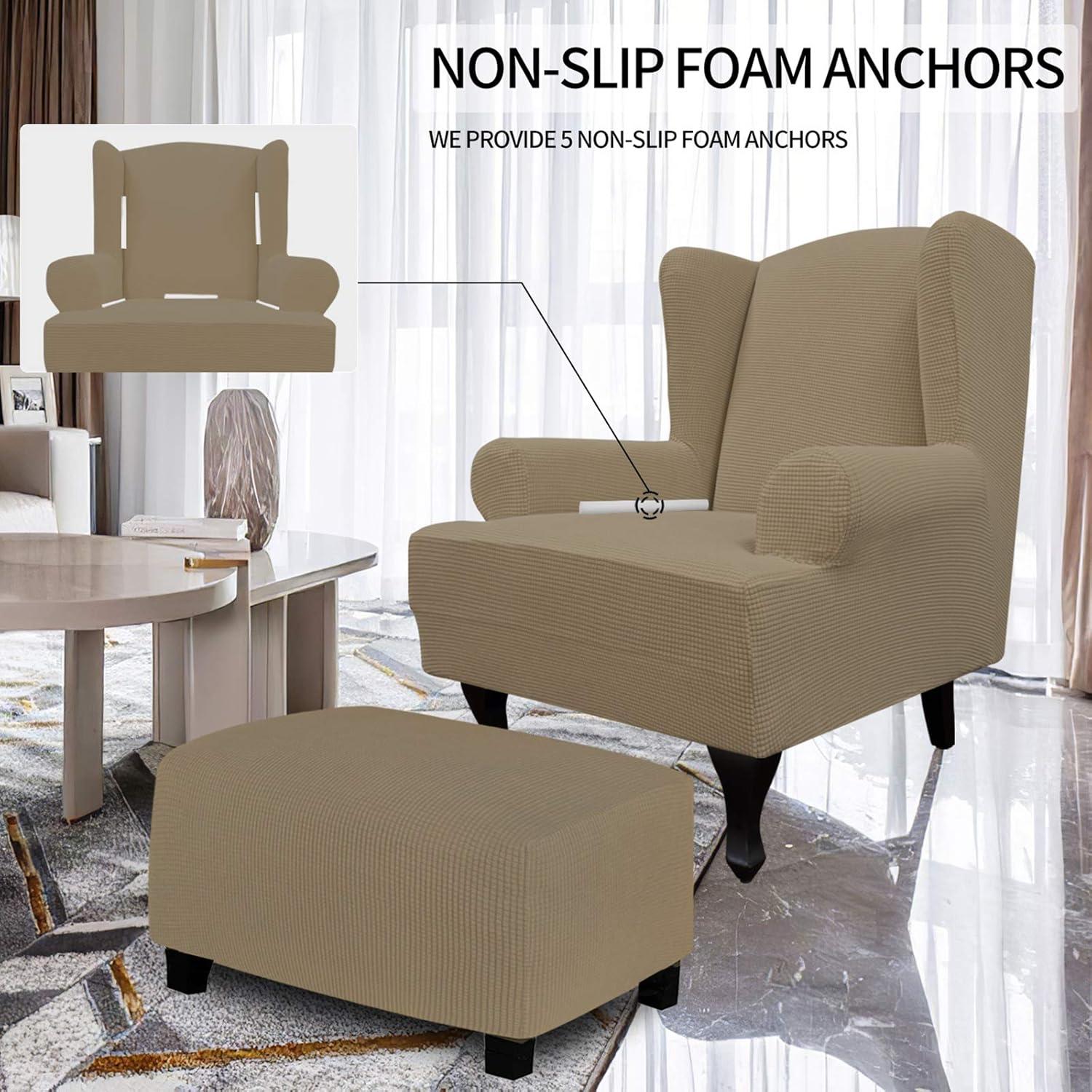 image:imageEasyGoing Stretch Wingback Chair Sofa Slipcover 1Piece Sofa Cover Furniture Protector Couch Soft with Elastic Bottom Spandex Jacquard Fabric Small ChecksWing ChairCamelTan