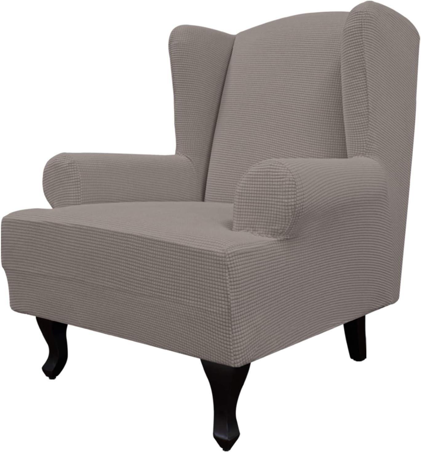 image:imageEasyGoing Stretch Wingback Chair Sofa Slipcover 1Piece Sofa Cover Furniture Protector Couch Soft with Elastic Bottom Spandex Jacquard Fabric Small ChecksWing ChairCamelTaupe
