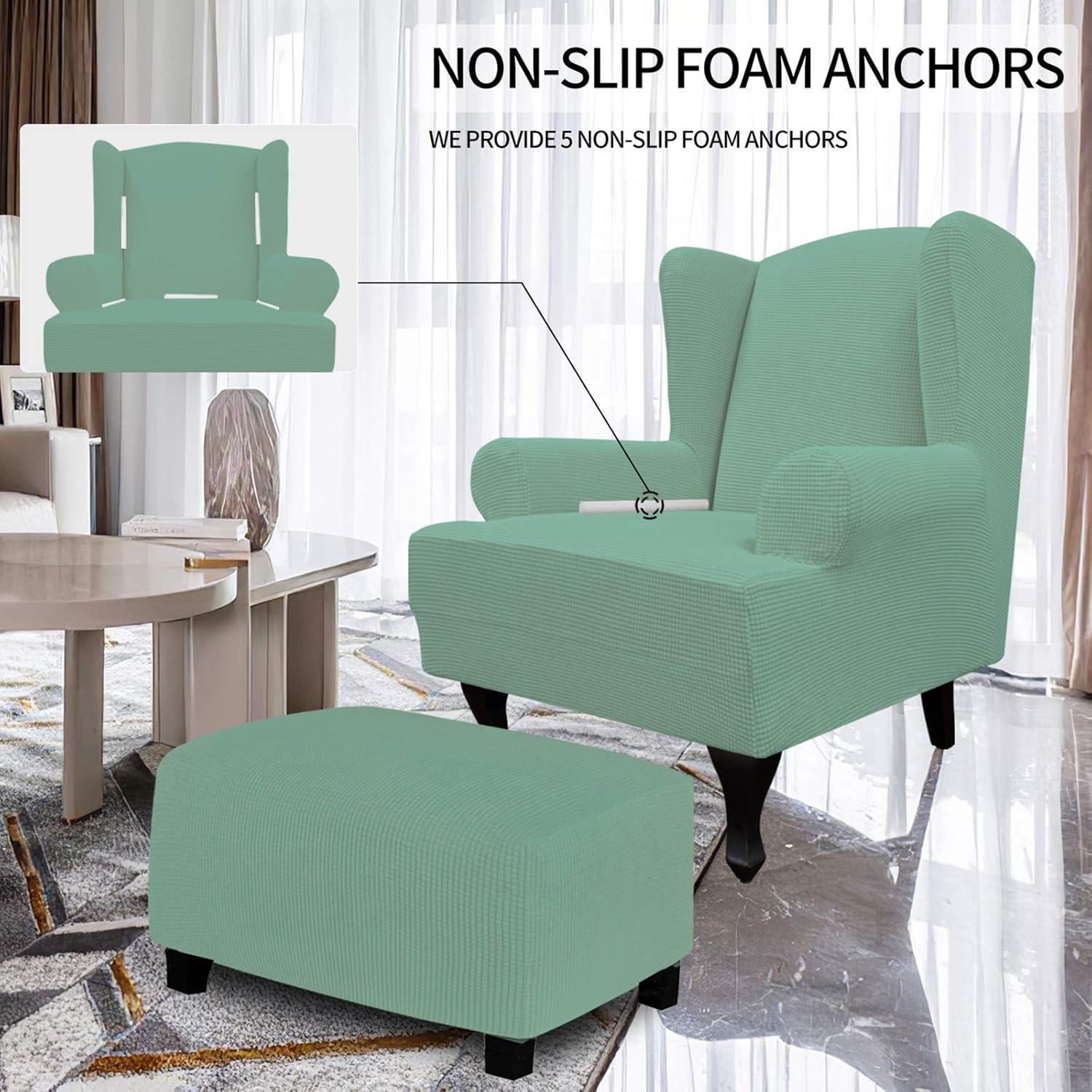 image:imageEasyGoing Stretch Wingback Chair Sofa Slipcover 1Piece Sofa Cover Furniture Protector Couch Soft with Elastic Bottom Spandex Jacquard Fabric Small ChecksWing ChairCamelCyan