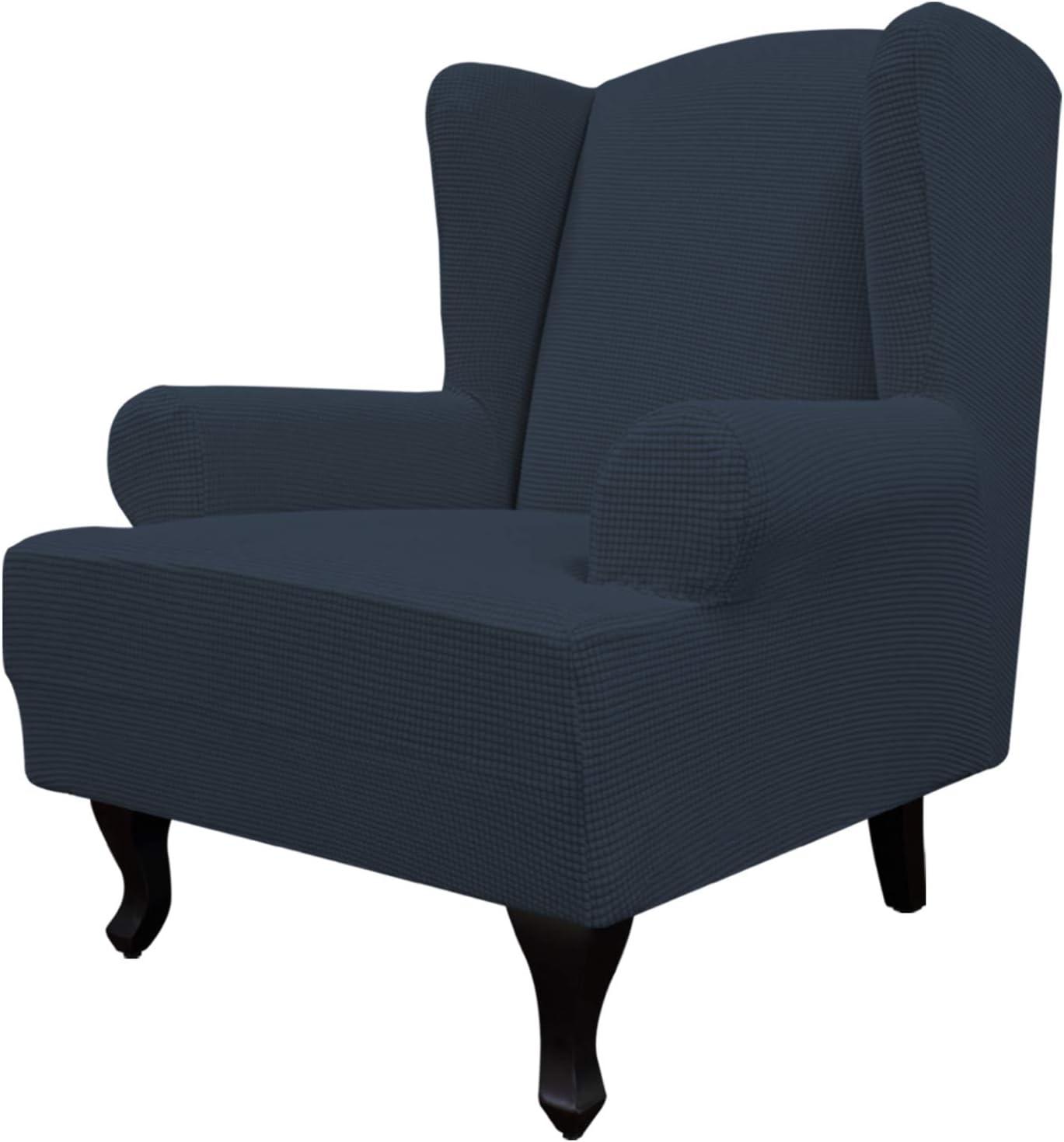 image:imageEasyGoing Stretch Wingback Chair Sofa Slipcover 1Piece Sofa Cover Furniture Protector Couch Soft with Elastic Bottom Spandex Jacquard Fabric Small ChecksWing ChairCamelDark Blue