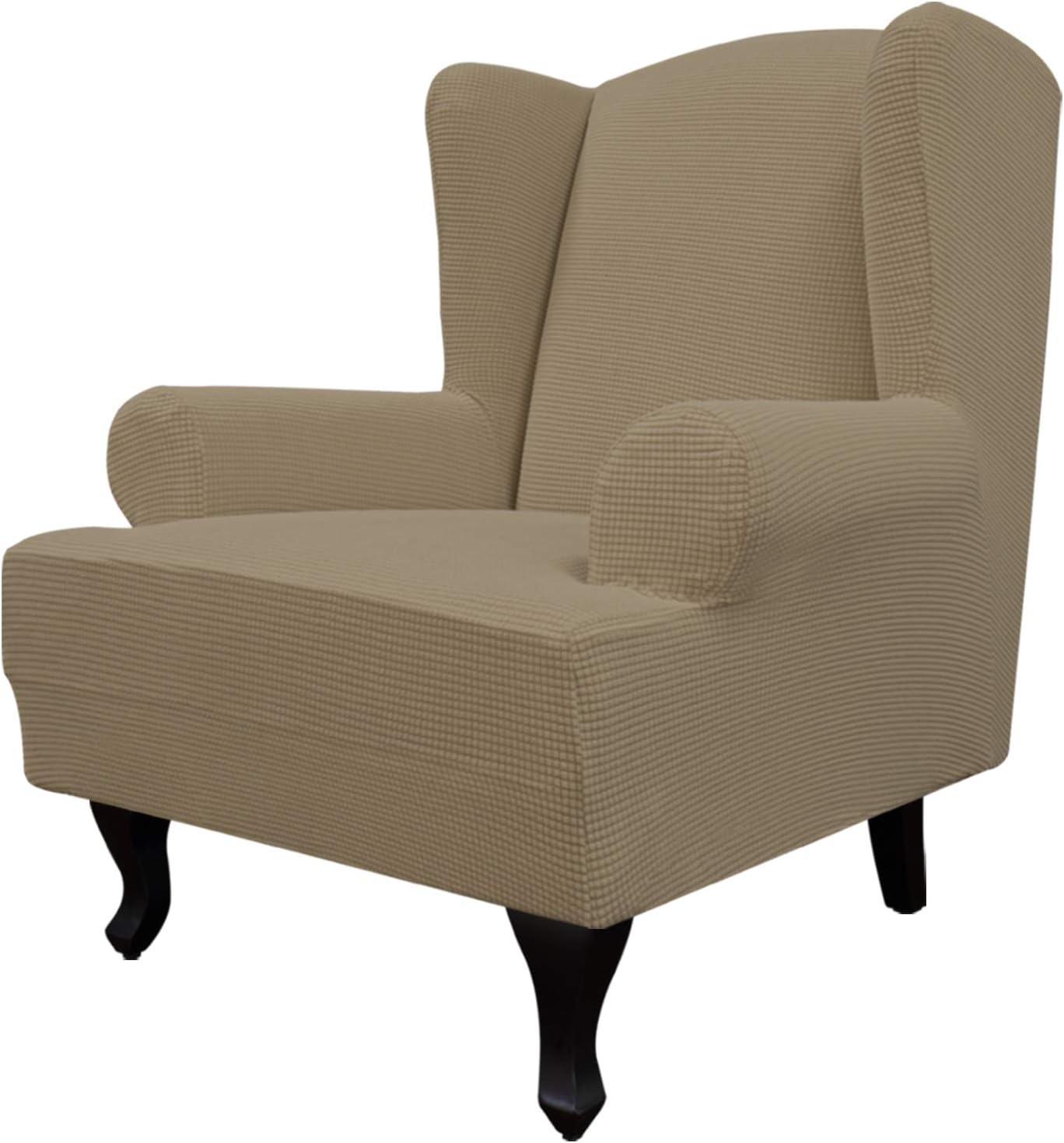 image:imageEasyGoing Stretch Wingback Chair Sofa Slipcover 1Piece Sofa Cover Furniture Protector Couch Soft with Elastic Bottom Spandex Jacquard Fabric Small ChecksWing ChairCamelTan