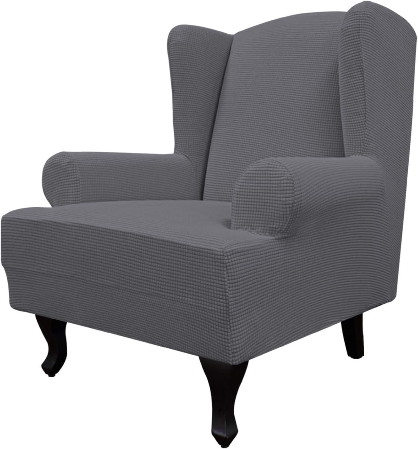 image:imageEasyGoing Stretch Wingback Chair Sofa Slipcover 1Piece Sofa Cover Furniture Protector Couch Soft with Elastic Bottom Spandex Jacquard Fabric Small ChecksWing ChairCamelGrey