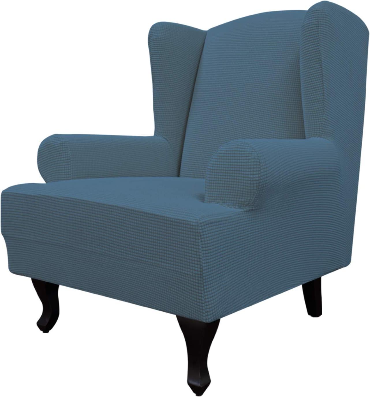 image:imageEasyGoing Stretch Wingback Chair Sofa Slipcover 1Piece Sofa Cover Furniture Protector Couch Soft with Elastic Bottom Spandex Jacquard Fabric Small ChecksWing ChairCamelBluestone