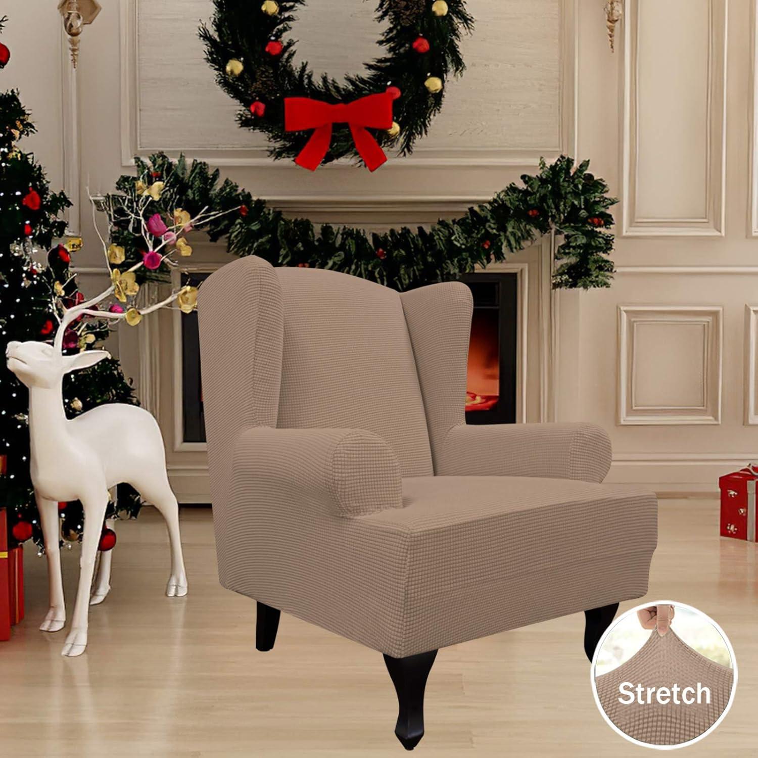 image:imageEasyGoing Stretch Wingback Chair Sofa Slipcover 1Piece Sofa Cover Furniture Protector Couch Soft with Elastic Bottom Spandex Jacquard Fabric Small ChecksWing ChairCamelCamel