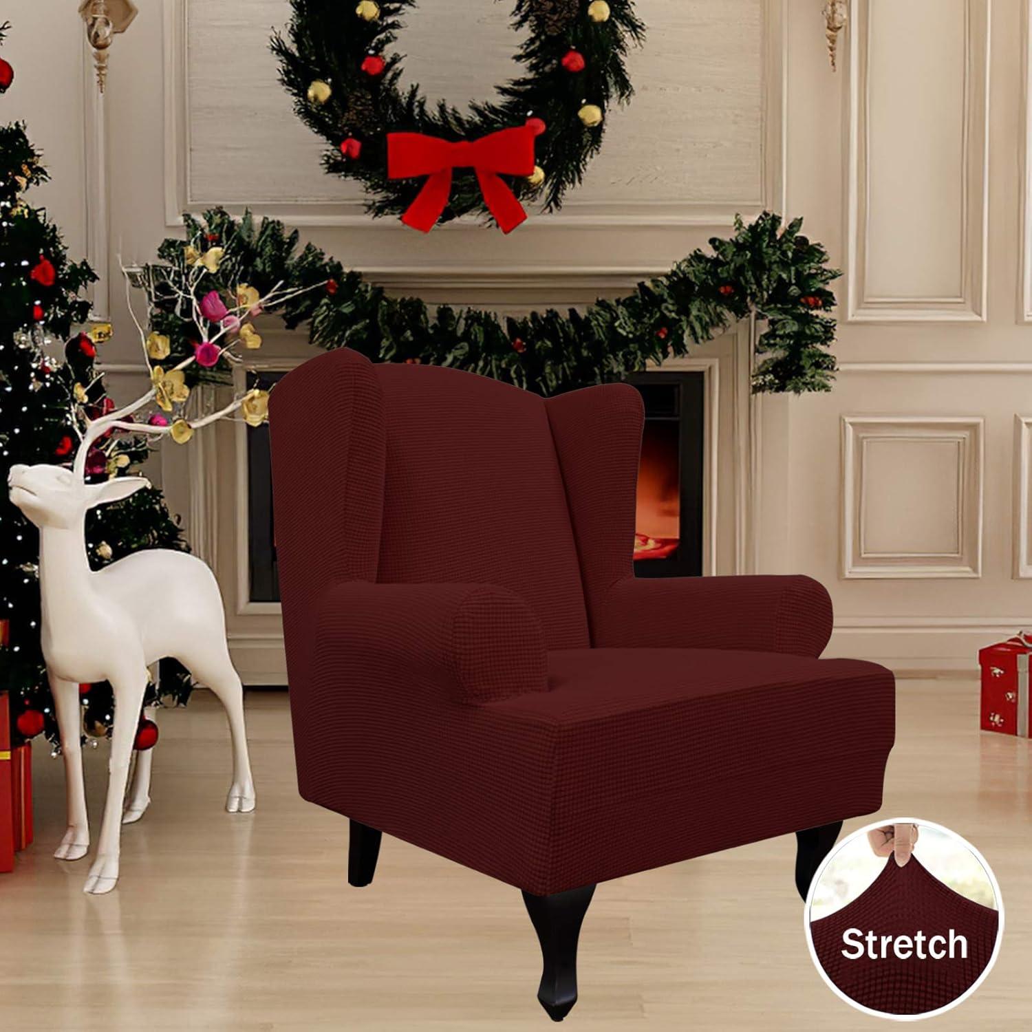 image:imageEasyGoing Stretch Wingback Chair Sofa Slipcover 1Piece Sofa Cover Furniture Protector Couch Soft with Elastic Bottom Spandex Jacquard Fabric Small ChecksWing ChairCamelWine