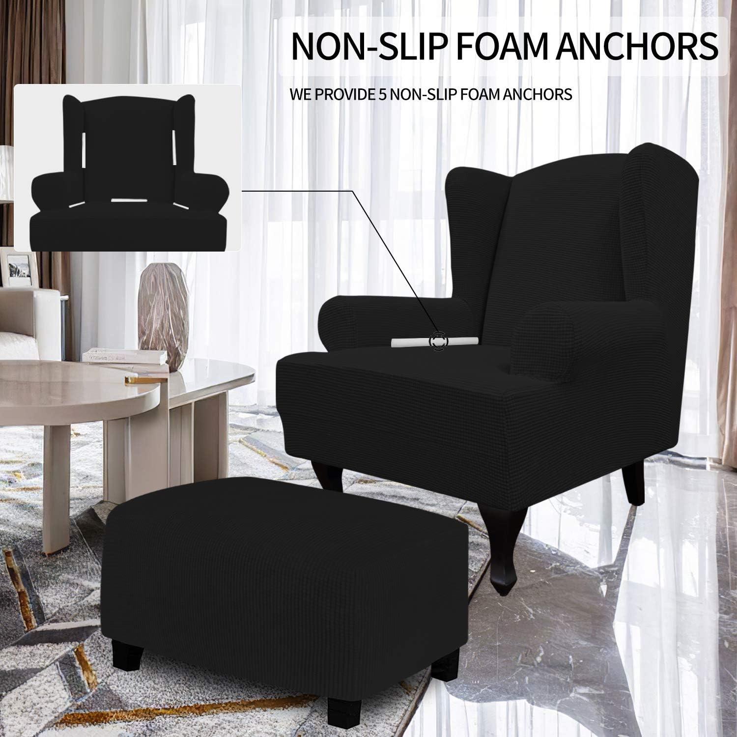 image:imageEasyGoing Stretch Wingback Chair Sofa Slipcover 1Piece Sofa Cover Furniture Protector Couch Soft with Elastic Bottom Spandex Jacquard Fabric Small ChecksWing ChairCamelBlack