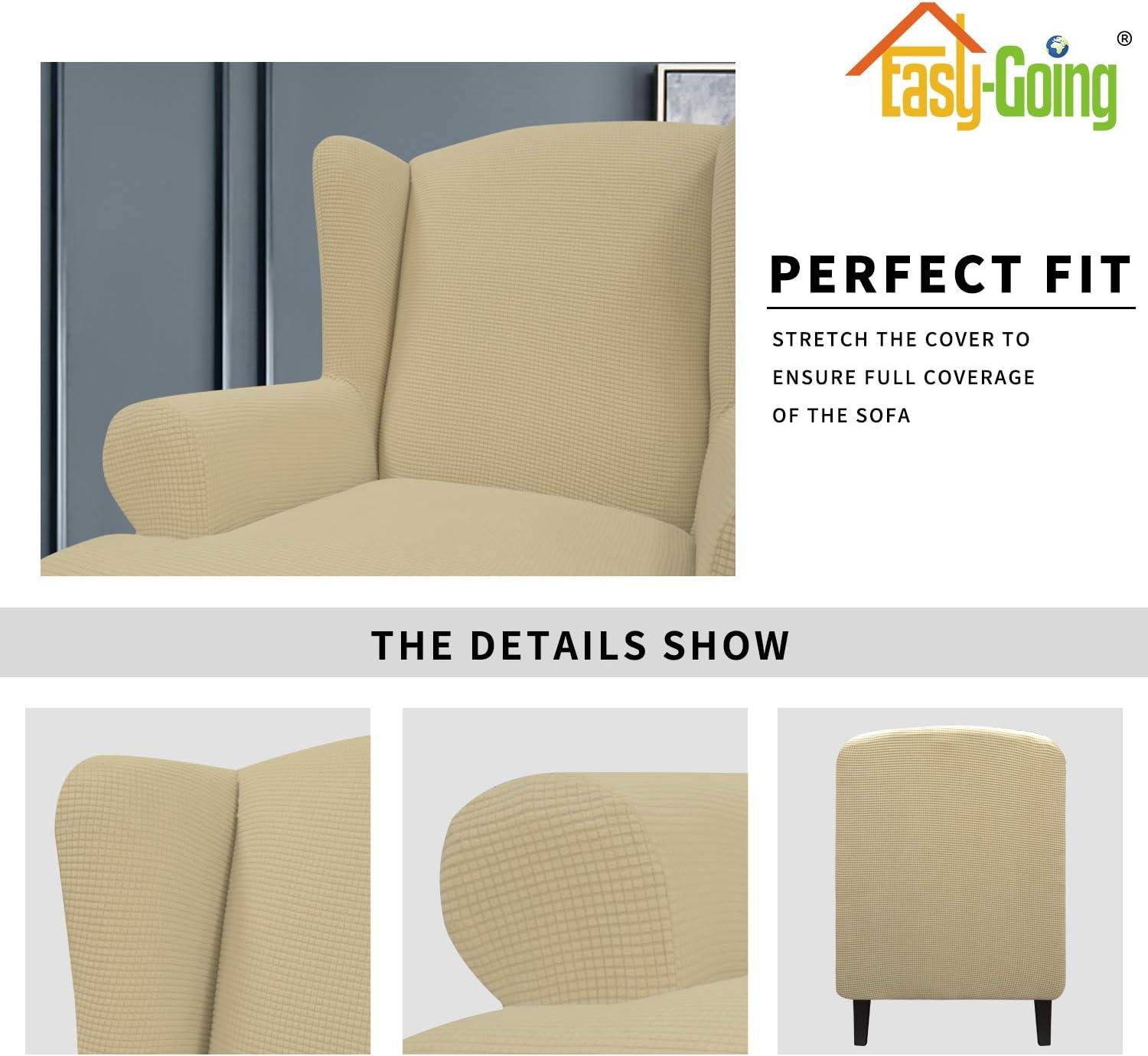 image:imageEasyGoing Stretch Wingback Chair Sofa Slipcover 1Piece Sofa Cover Furniture Protector Couch Soft with Elastic Bottom Spandex Jacquard Fabric Small ChecksWing ChairCamelBeige