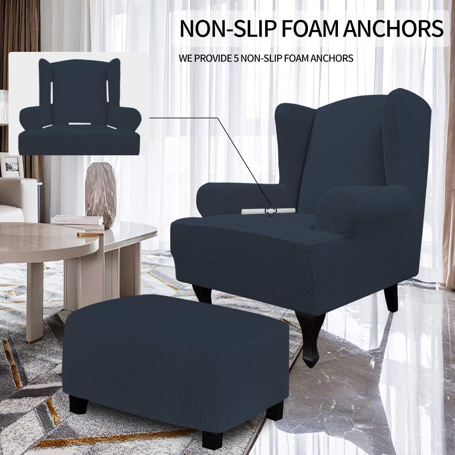 image:imageEasyGoing Stretch Wingback Chair Sofa Slipcover 1Piece Sofa Cover Furniture Protector Couch Soft with Elastic Bottom Spandex Jacquard Fabric Small ChecksWing ChairCamelDark Blue