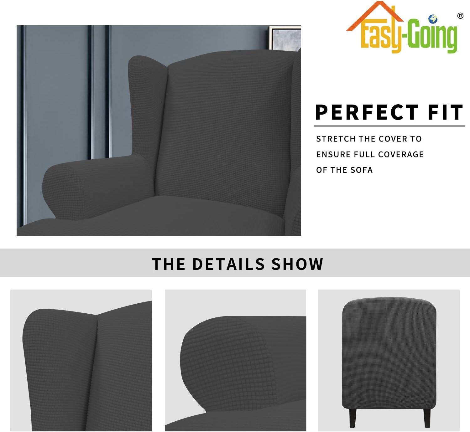 image:imageEasyGoing Stretch Wingback Chair Sofa Slipcover 1Piece Sofa Cover Furniture Protector Couch Soft with Elastic Bottom Spandex Jacquard Fabric Small ChecksWing ChairCamelDark Gray