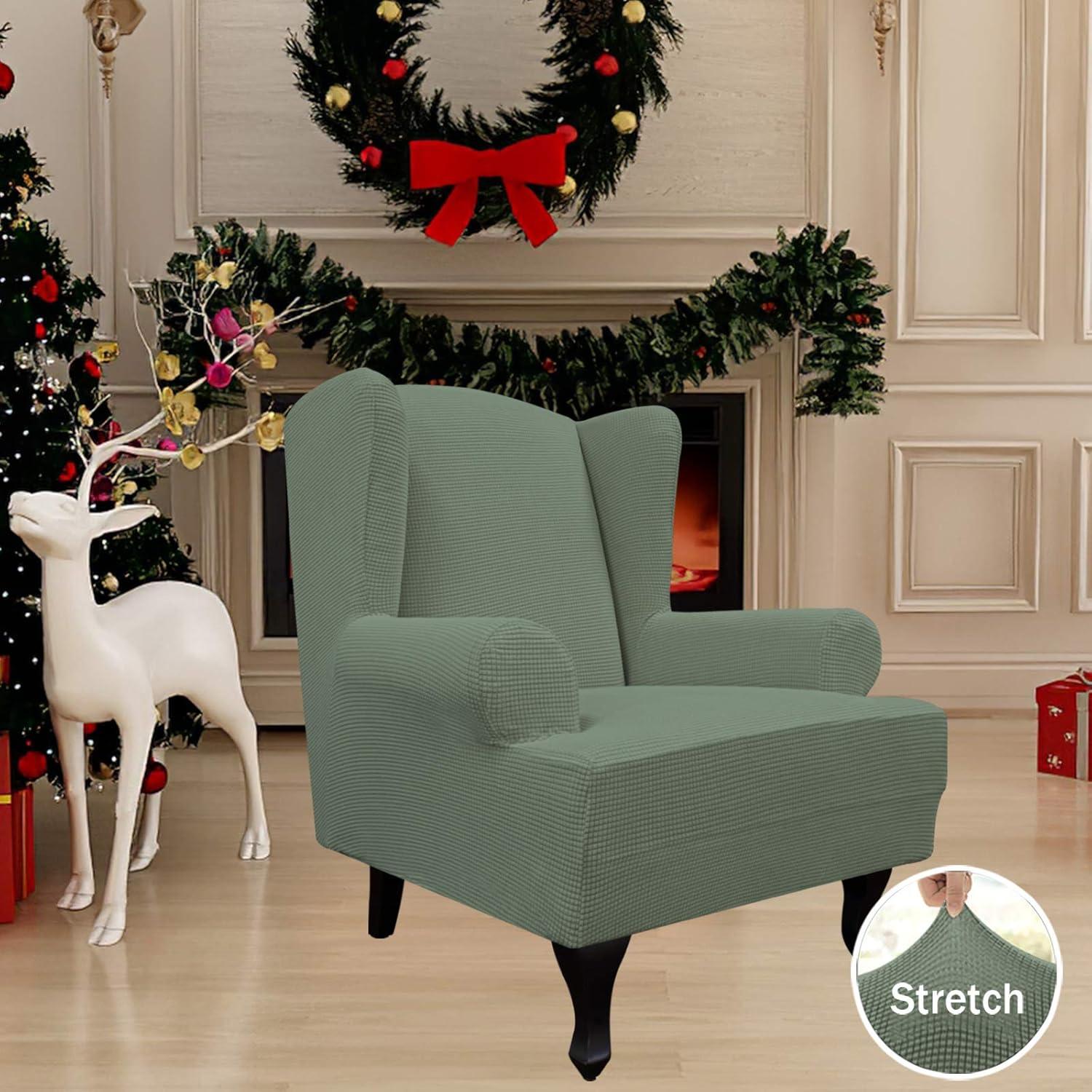 image:imageEasyGoing Stretch Wingback Chair Sofa Slipcover 1Piece Sofa Cover Furniture Protector Couch Soft with Elastic Bottom Spandex Jacquard Fabric Small ChecksWing ChairCamelGreyish Green