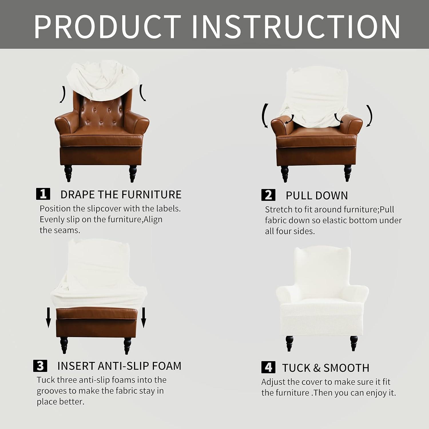 image:imageEasyGoing Stretch Wingback Chair Sofa Slipcover 1Piece Sofa Cover Furniture Protector Couch Soft with Elastic Bottom Spandex Jacquard Fabric Small ChecksWing ChairCamelCream