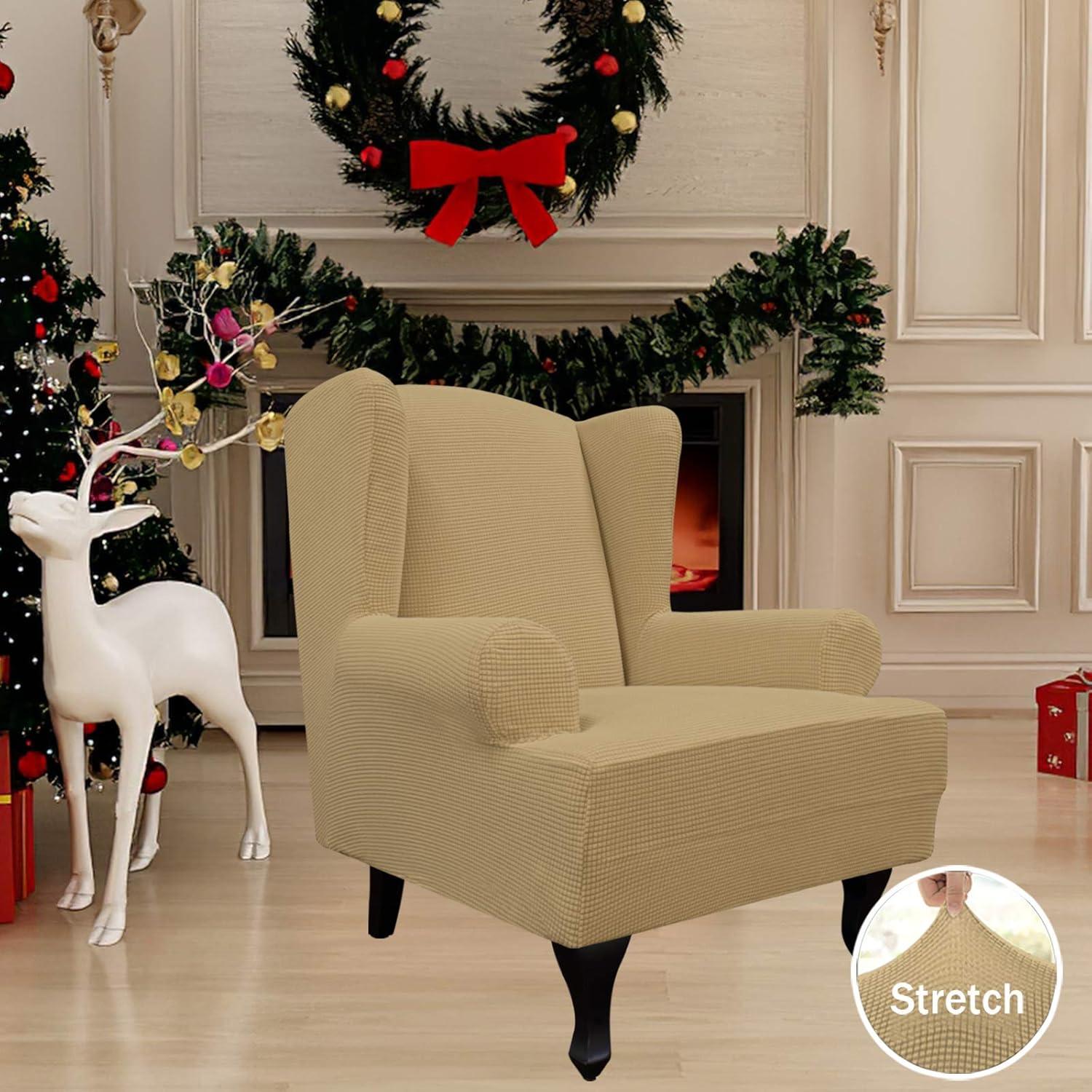 image:imageEasyGoing Stretch Wingback Chair Sofa Slipcover 1Piece Sofa Cover Furniture Protector Couch Soft with Elastic Bottom Spandex Jacquard Fabric Small ChecksWing ChairCamelGolden