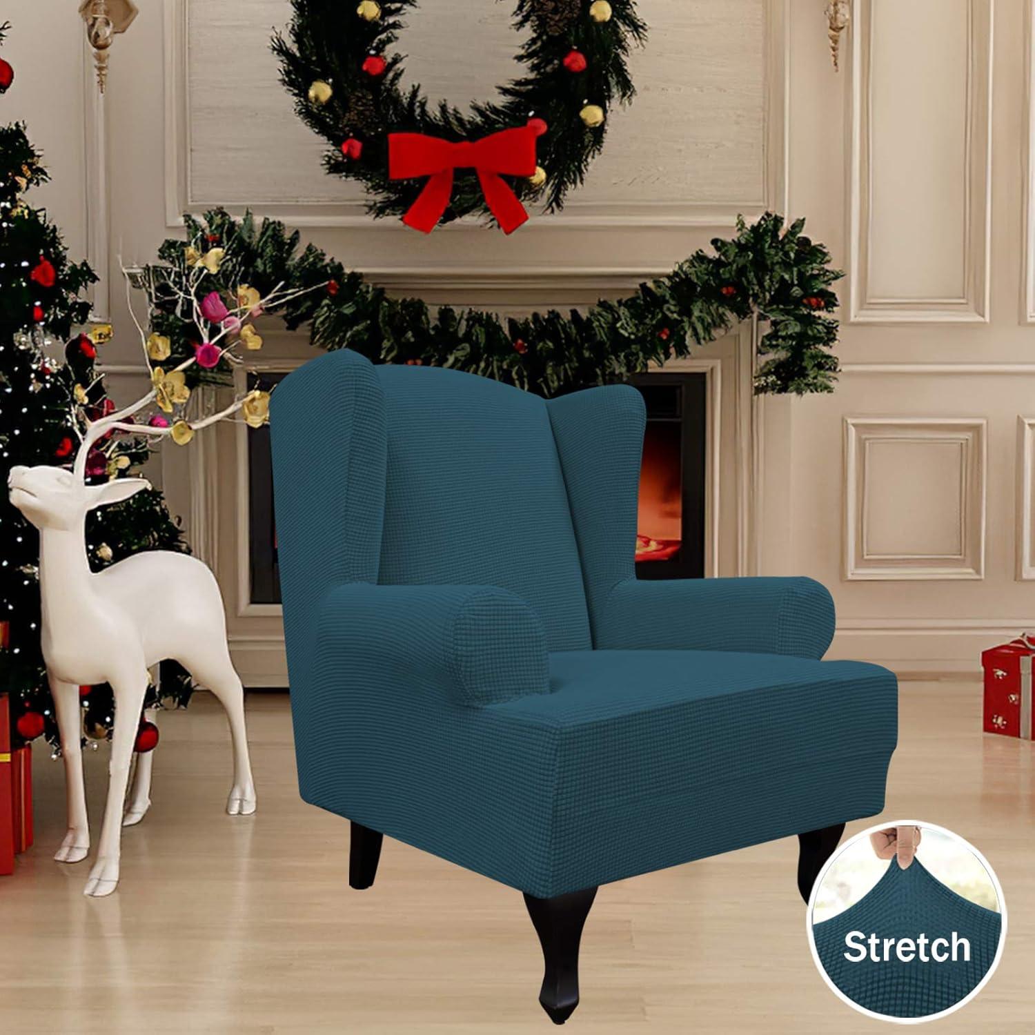 image:imageEasyGoing Stretch Wingback Chair Sofa Slipcover 1Piece Sofa Cover Furniture Protector Couch Soft with Elastic Bottom Spandex Jacquard Fabric Small ChecksWing ChairCamelDeep Teal