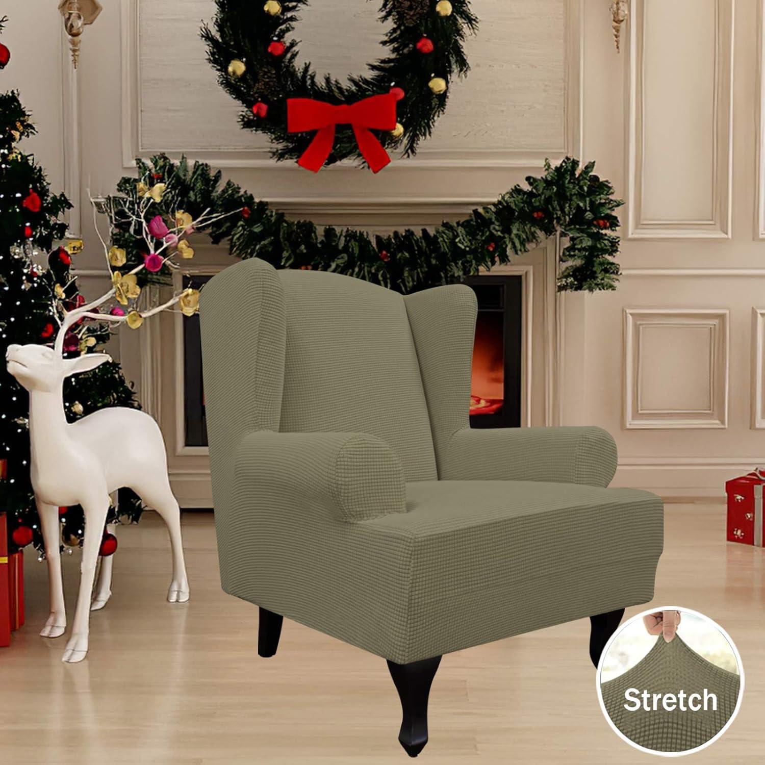 image:imageEasyGoing Stretch Wingback Chair Sofa Slipcover 1Piece Sofa Cover Furniture Protector Couch Soft with Elastic Bottom Spandex Jacquard Fabric Small ChecksWing ChairCamelKhaki
