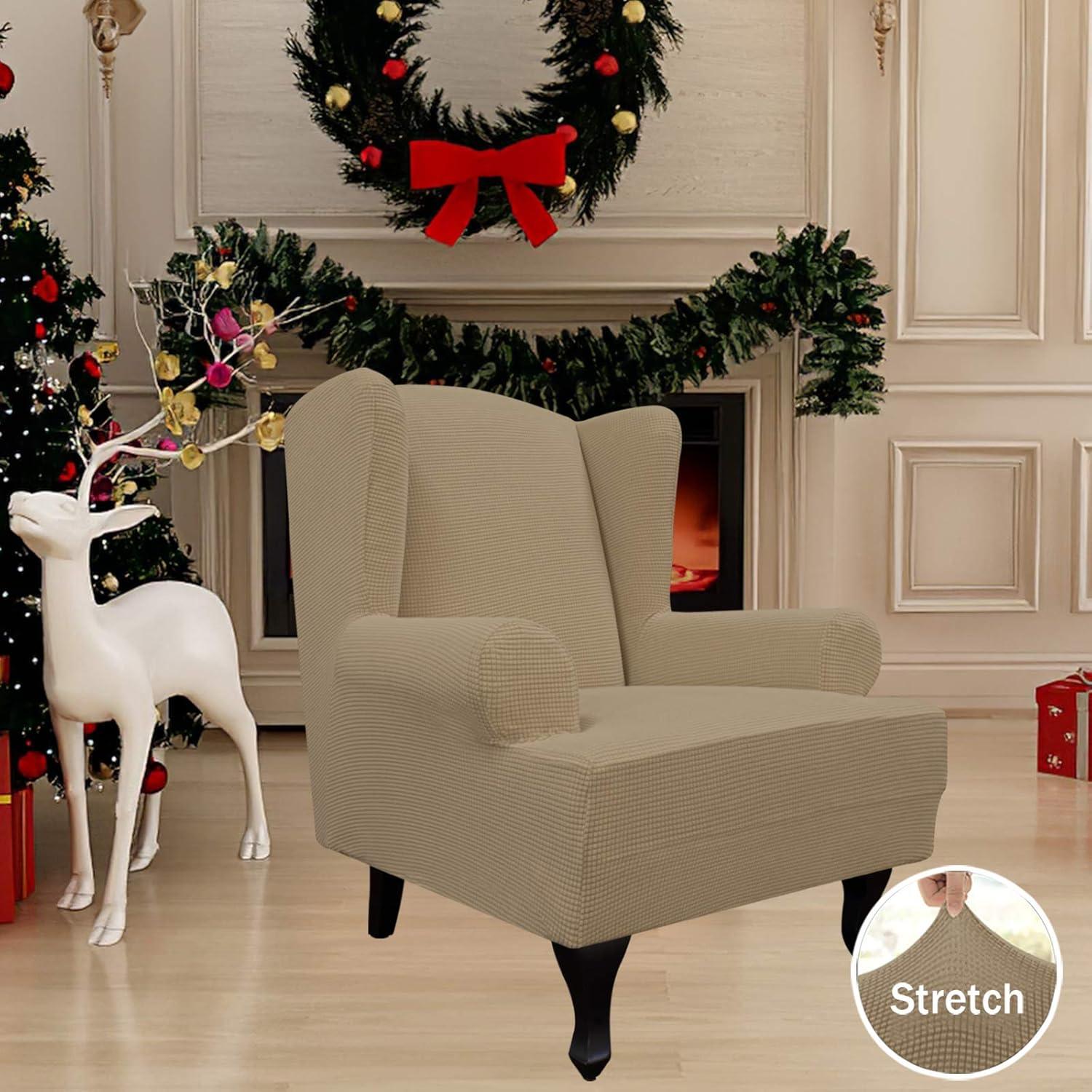 image:imageEasyGoing Stretch Wingback Chair Sofa Slipcover 1Piece Sofa Cover Furniture Protector Couch Soft with Elastic Bottom Spandex Jacquard Fabric Small ChecksWing ChairCamelTan