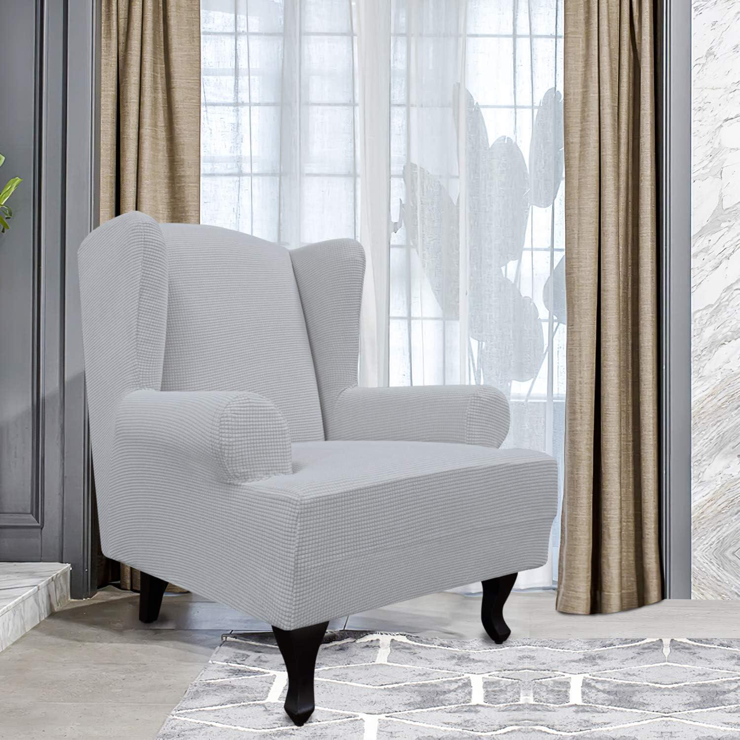 image:imageEasyGoing Stretch Wingback Chair Sofa Slipcover 1Piece Sofa Cover Furniture Protector Couch Soft with Elastic Bottom Spandex Jacquard Fabric Small ChecksWing ChairCamelSilver Gray