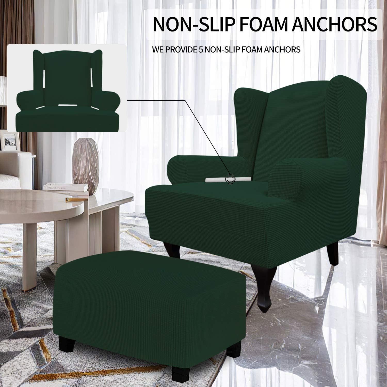 image:imageEasyGoing Stretch Wingback Chair Sofa Slipcover 1Piece Sofa Cover Furniture Protector Couch Soft with Elastic Bottom Spandex Jacquard Fabric Small ChecksWing ChairCamelDark Green