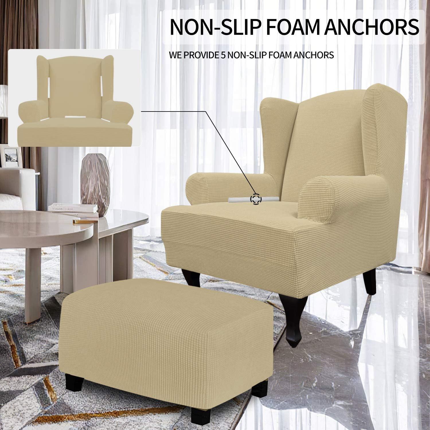 image:imageEasyGoing Stretch Wingback Chair Sofa Slipcover 1Piece Sofa Cover Furniture Protector Couch Soft with Elastic Bottom Spandex Jacquard Fabric Small ChecksWing ChairCamelBeige