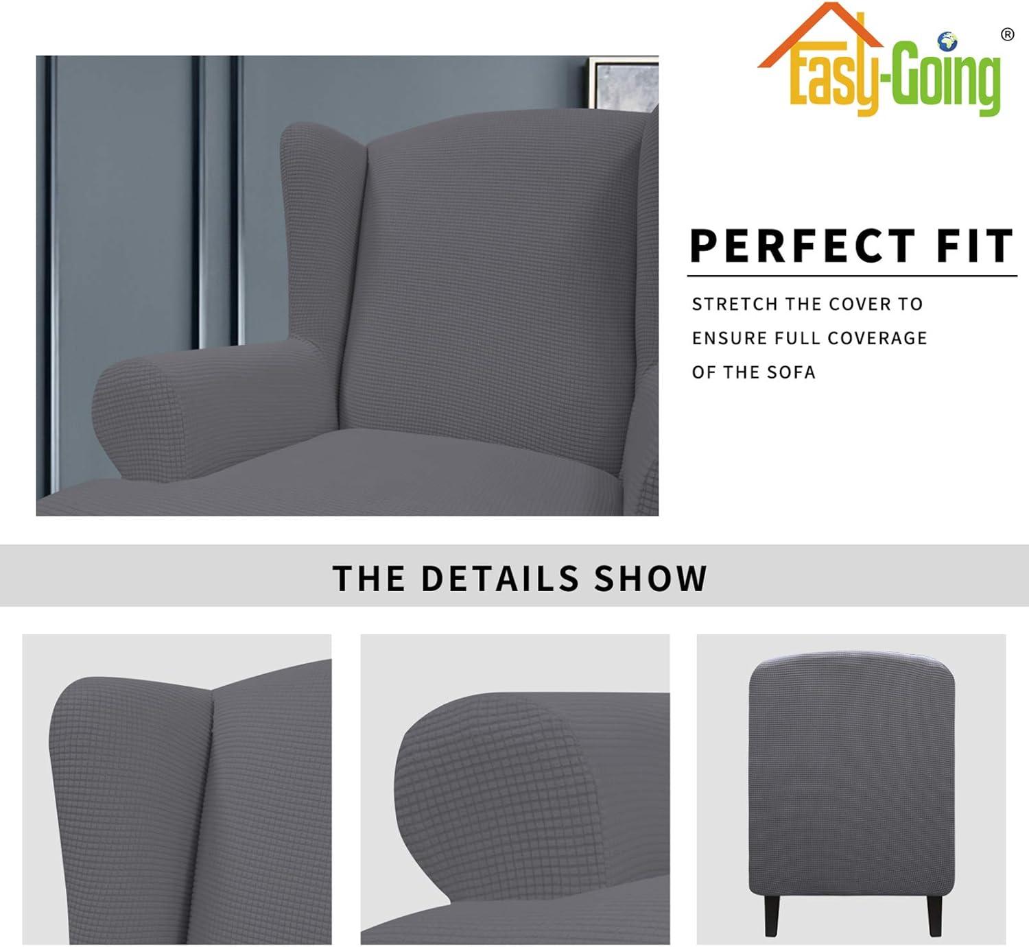 image:imageEasyGoing Stretch Wingback Chair Sofa Slipcover 1Piece Sofa Cover Furniture Protector Couch Soft with Elastic Bottom Spandex Jacquard Fabric Small ChecksWing ChairCamelGrey