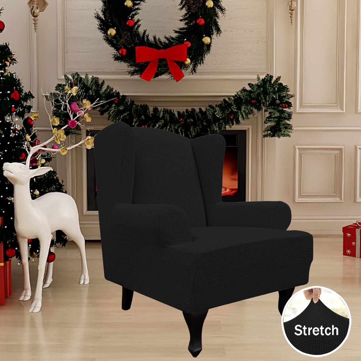 image:imageEasyGoing Stretch Wingback Chair Sofa Slipcover 1Piece Sofa Cover Furniture Protector Couch Soft with Elastic Bottom Spandex Jacquard Fabric Small ChecksWing ChairCamelBlack