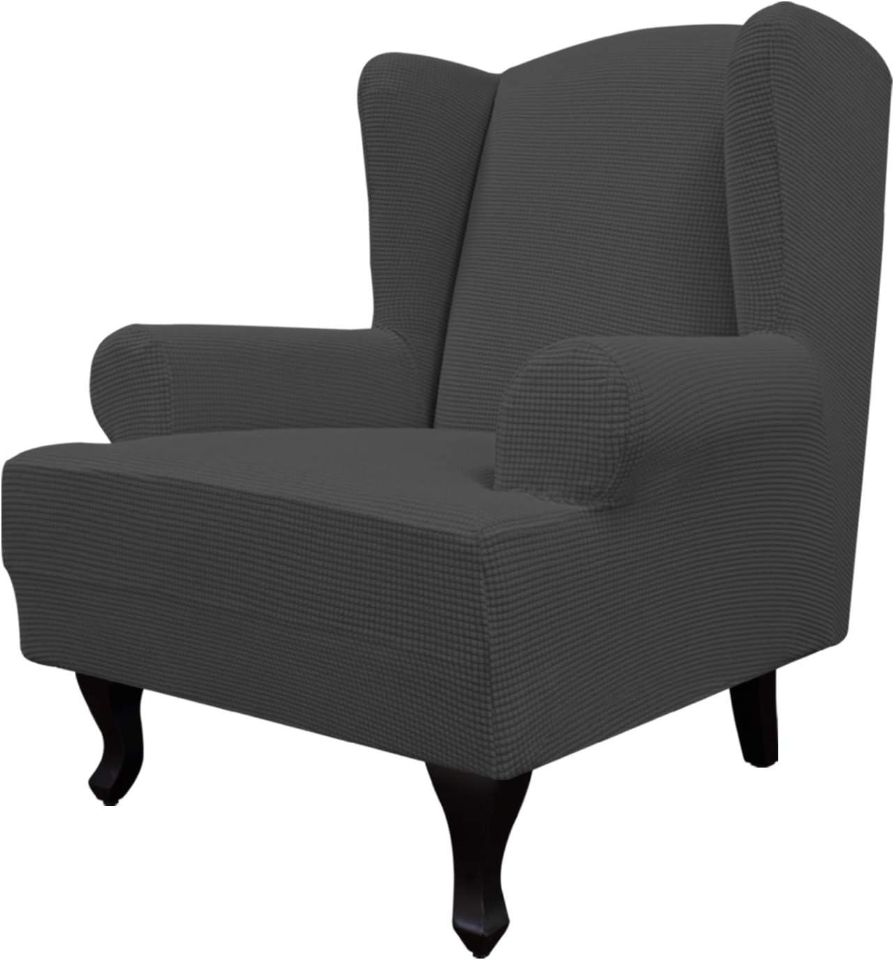 image:imageEasyGoing Stretch Wingback Chair Sofa Slipcover 1Piece Sofa Cover Furniture Protector Couch Soft with Elastic Bottom Spandex Jacquard Fabric Small ChecksWing ChairCamelDark Gray