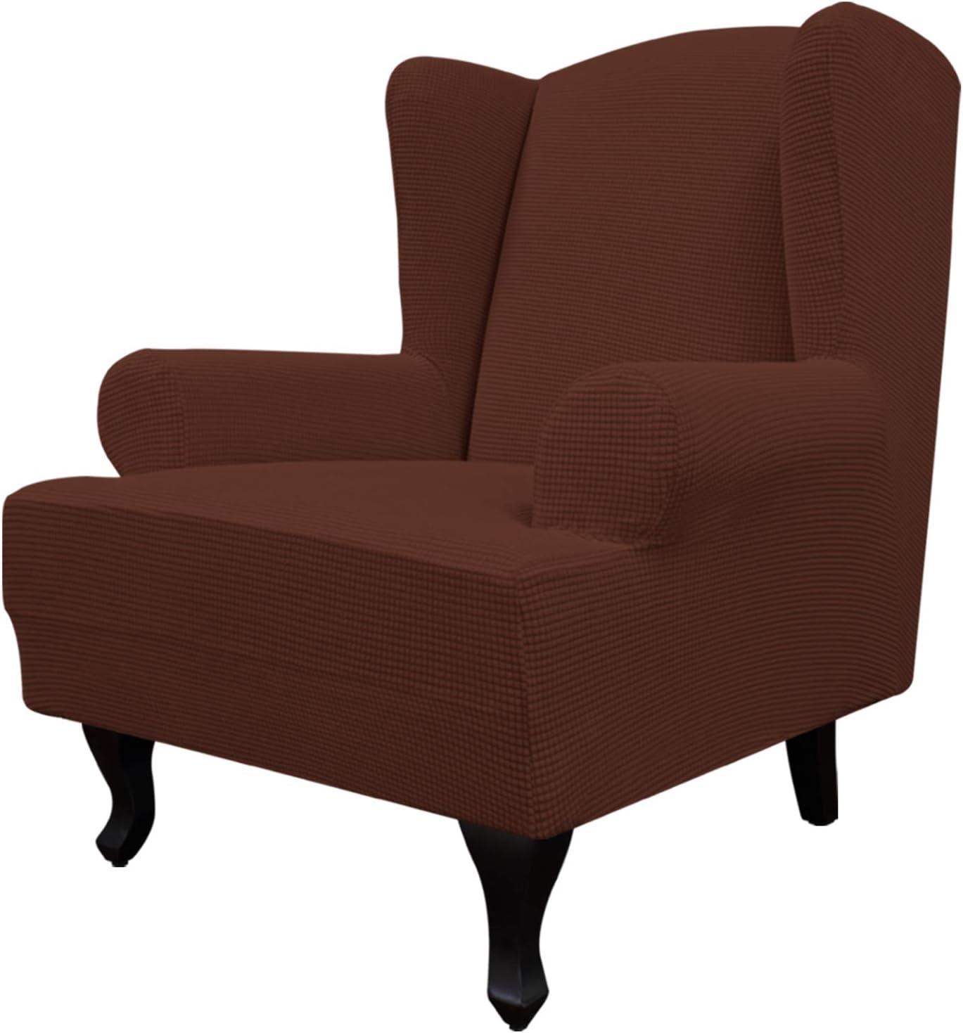 image:imageEasyGoing Stretch Wingback Chair Sofa Slipcover 1Piece Sofa Cover Furniture Protector Couch Soft with Elastic Bottom Spandex Jacquard Fabric Small ChecksWing ChairCamelCoffee