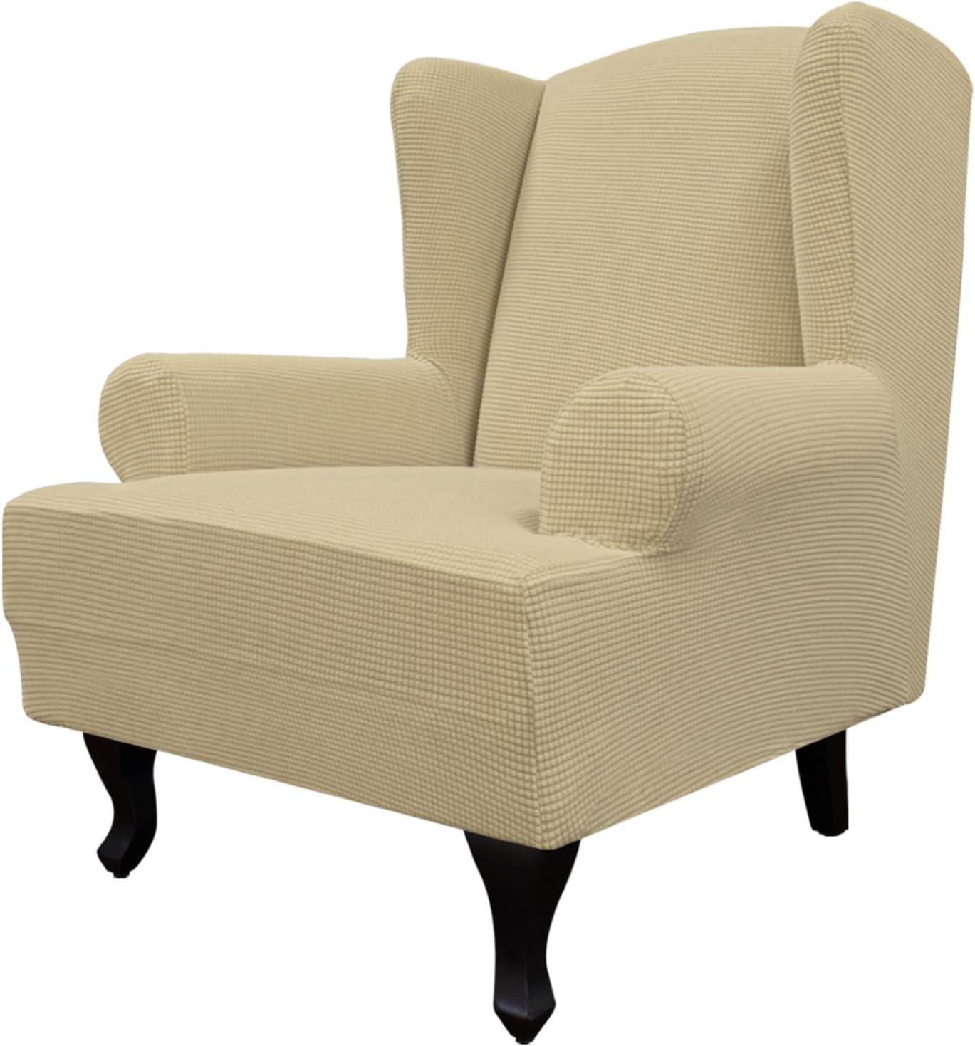 image:imageEasyGoing Stretch Wingback Chair Sofa Slipcover 1Piece Sofa Cover Furniture Protector Couch Soft with Elastic Bottom Spandex Jacquard Fabric Small ChecksWing ChairCamelBeige