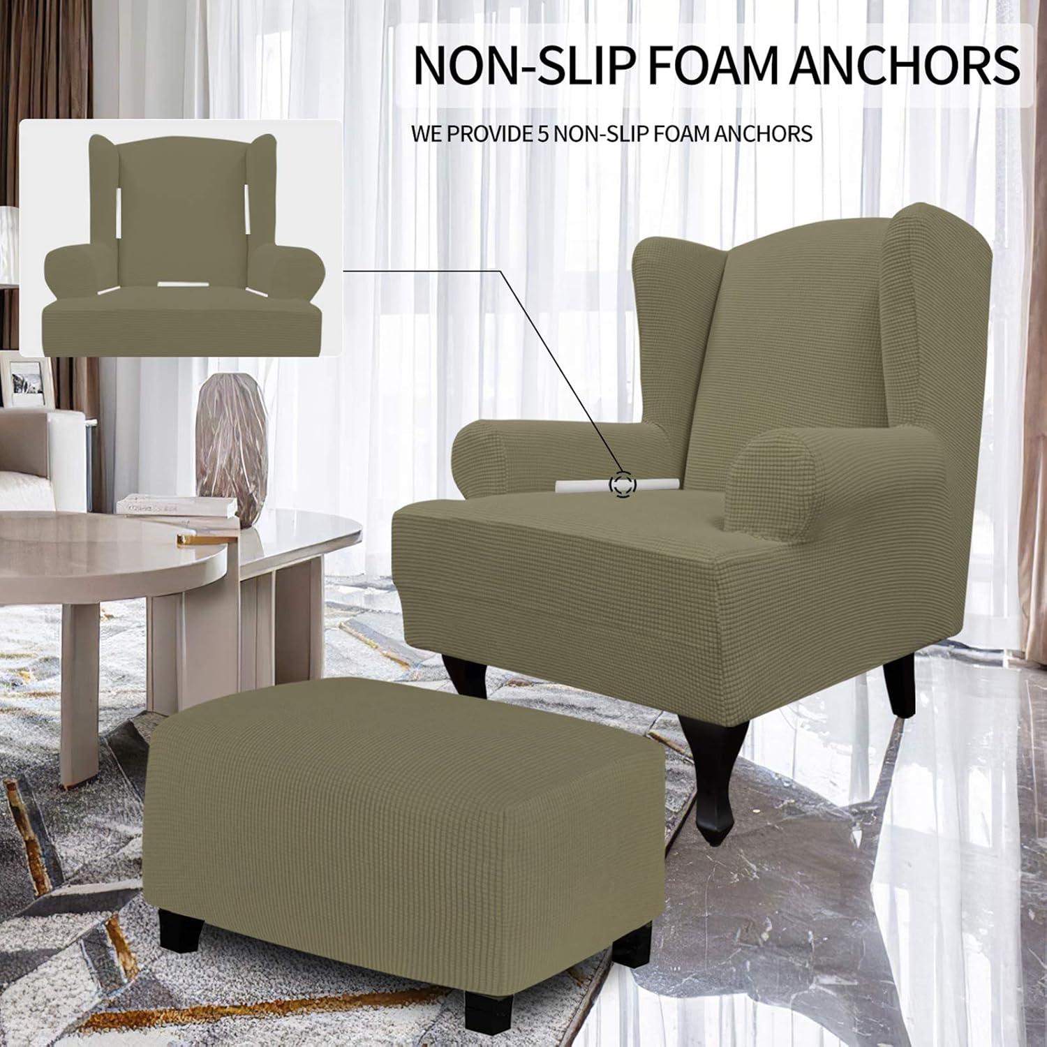image:imageEasyGoing Stretch Wingback Chair Sofa Slipcover 1Piece Sofa Cover Furniture Protector Couch Soft with Elastic Bottom Spandex Jacquard Fabric Small ChecksWing ChairCamelKhaki