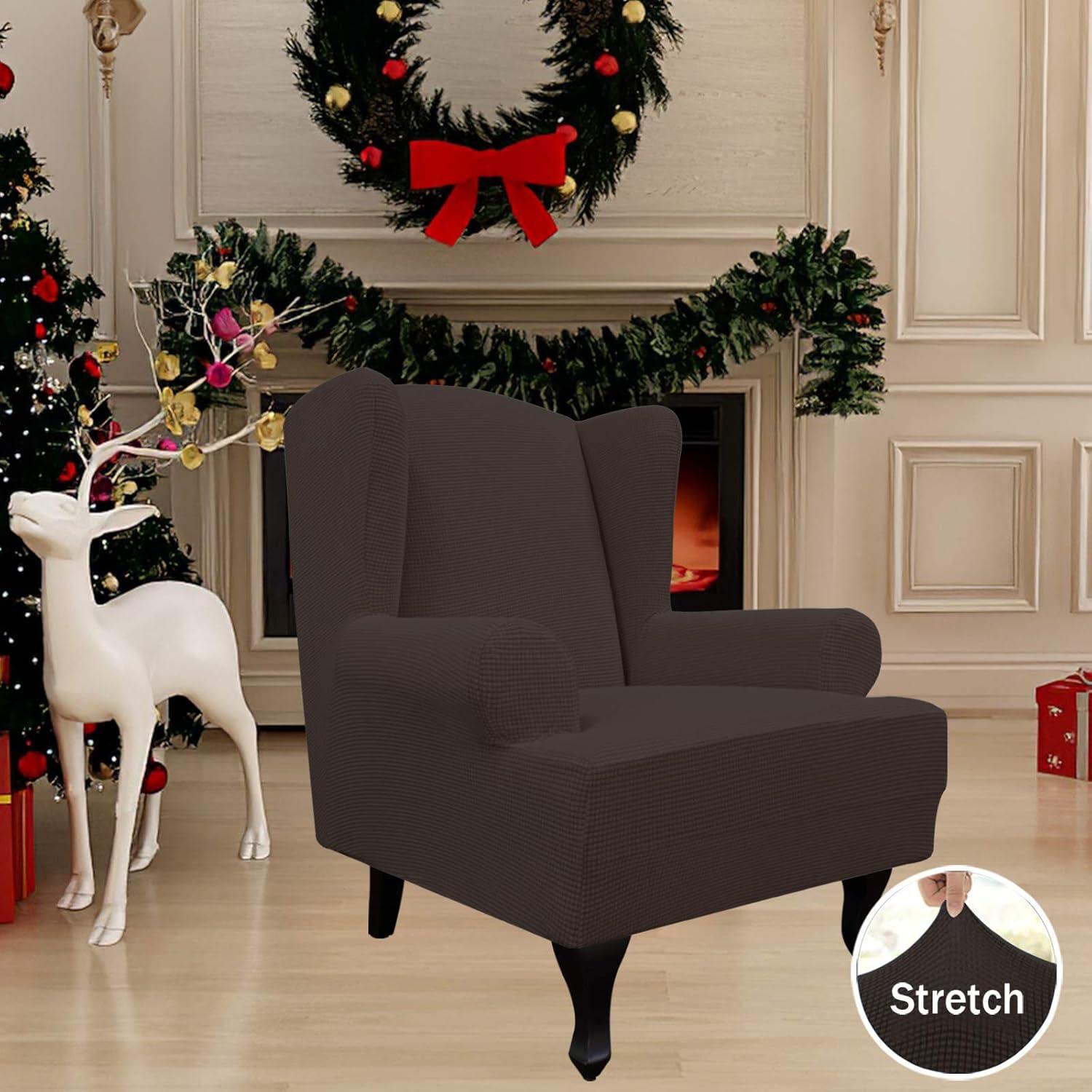 image:imageEasyGoing Stretch Wingback Chair Sofa Slipcover 1Piece Sofa Cover Furniture Protector Couch Soft with Elastic Bottom Spandex Jacquard Fabric Small ChecksWing ChairCamelChocolate