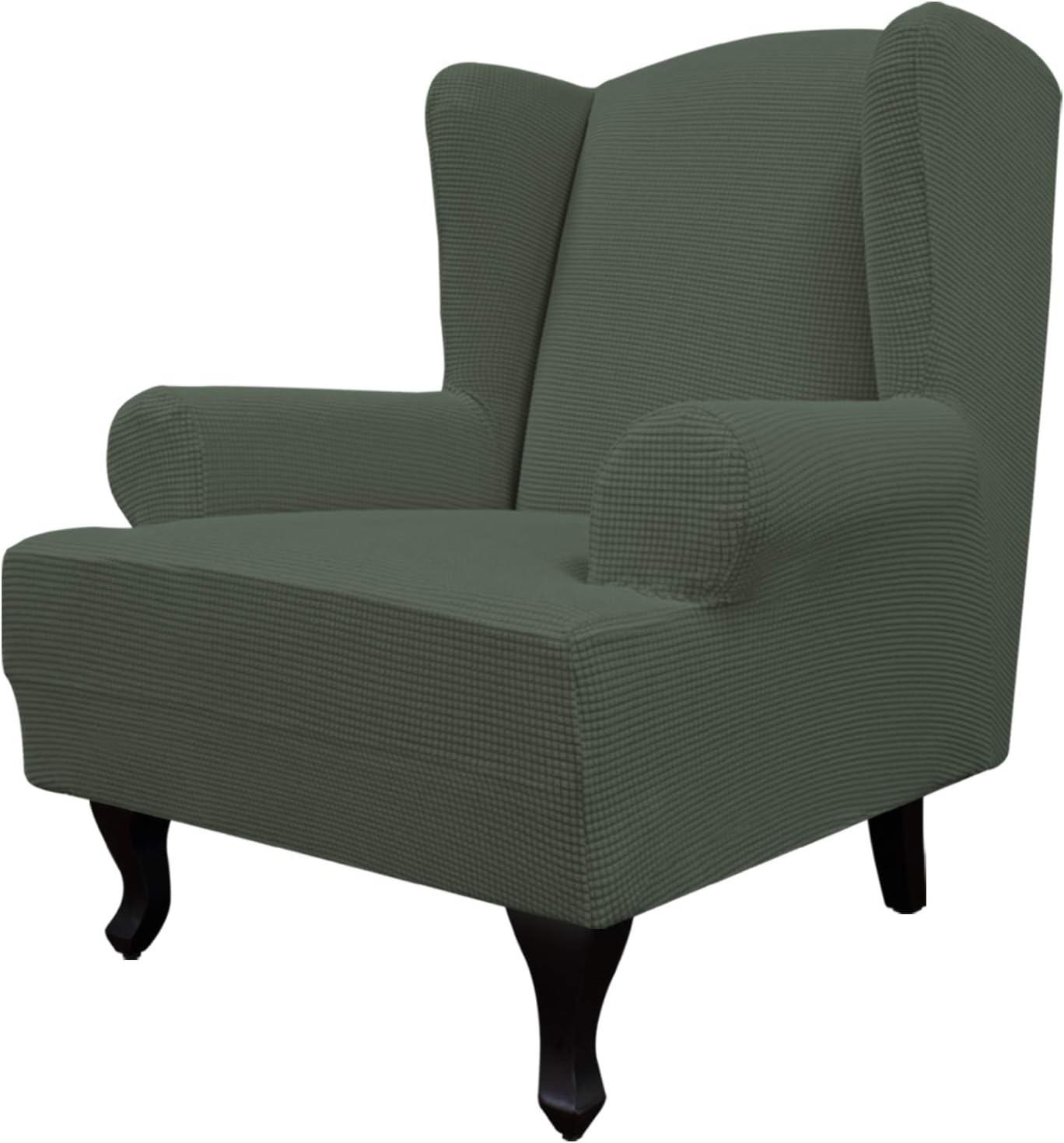 image:imageEasyGoing Stretch Wingback Chair Sofa Slipcover 1Piece Sofa Cover Furniture Protector Couch Soft with Elastic Bottom Spandex Jacquard Fabric Small ChecksWing ChairCamelOlive Green