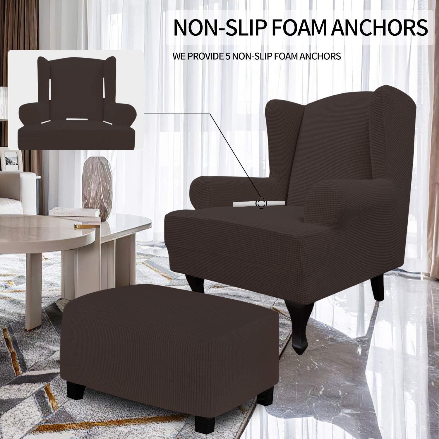 image:imageEasyGoing Stretch Wingback Chair Sofa Slipcover 1Piece Sofa Cover Furniture Protector Couch Soft with Elastic Bottom Spandex Jacquard Fabric Small ChecksWing ChairCamelChocolate