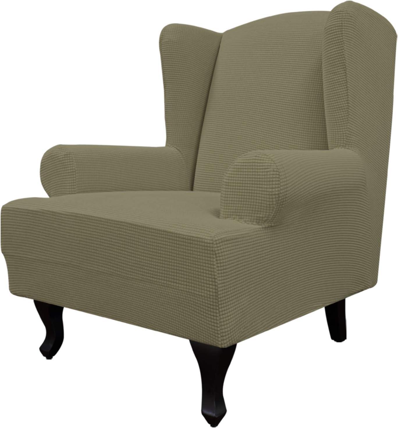 image:imageEasyGoing Stretch Wingback Chair Sofa Slipcover 1Piece Sofa Cover Furniture Protector Couch Soft with Elastic Bottom Spandex Jacquard Fabric Small ChecksWing ChairCamelKhaki