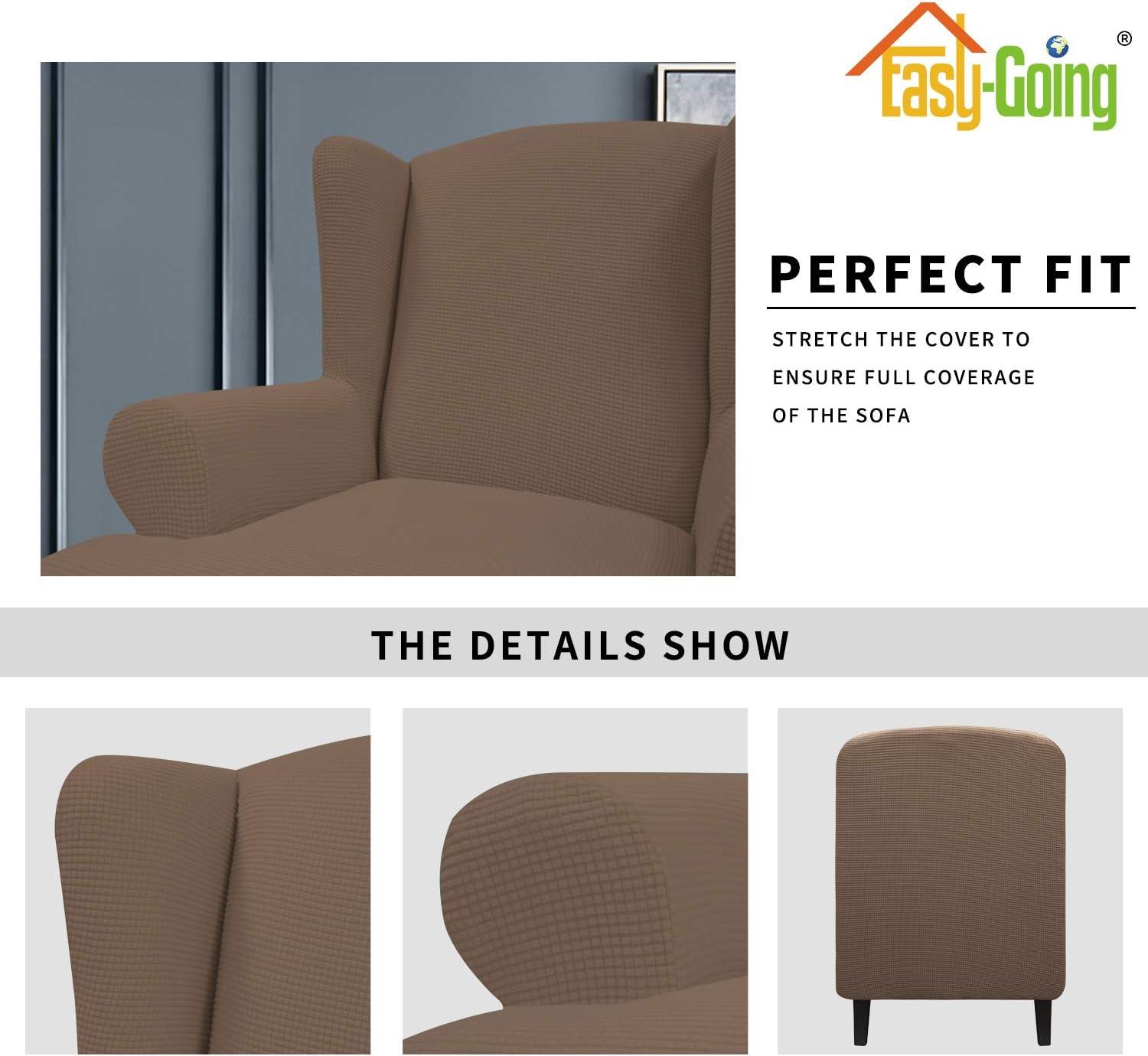 image:imageEasyGoing Stretch Wingback Chair Sofa Slipcover 1Piece Sofa Cover Furniture Protector Couch Soft with Elastic Bottom Spandex Jacquard Fabric Small ChecksWing ChairCamelBrown