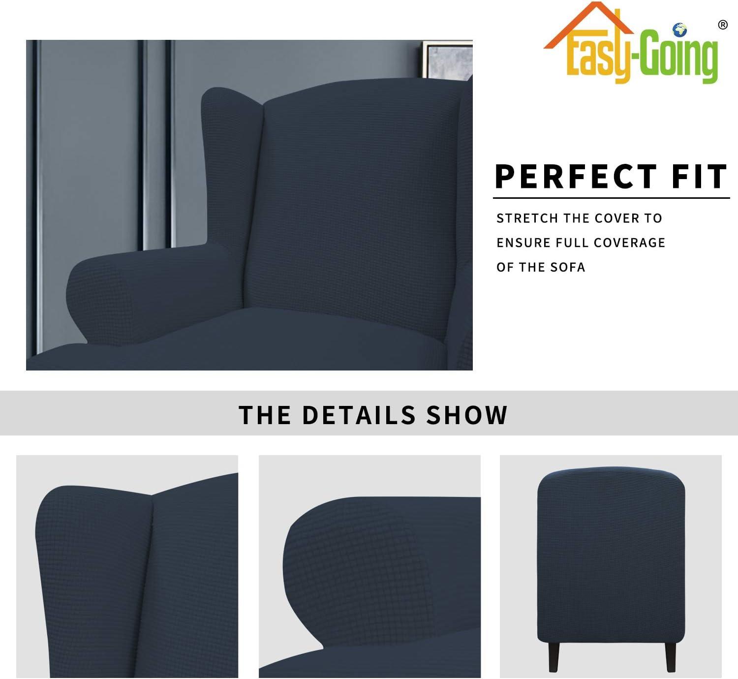 image:imageEasyGoing Stretch Wingback Chair Sofa Slipcover 1Piece Sofa Cover Furniture Protector Couch Soft with Elastic Bottom Spandex Jacquard Fabric Small ChecksWing ChairCamelDark Blue