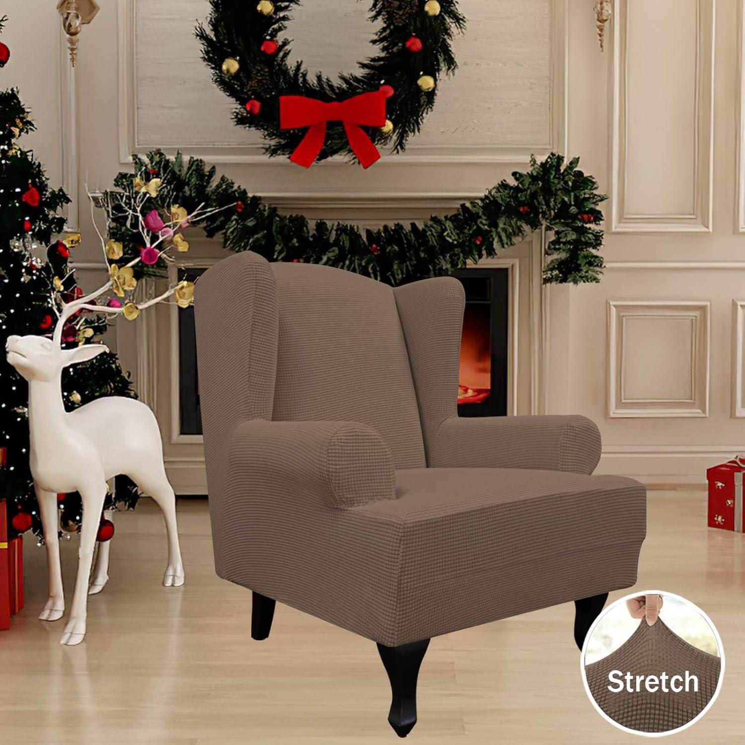image:imageEasyGoing Stretch Wingback Chair Sofa Slipcover 1Piece Sofa Cover Furniture Protector Couch Soft with Elastic Bottom Spandex Jacquard Fabric Small ChecksWing ChairCamelBrown