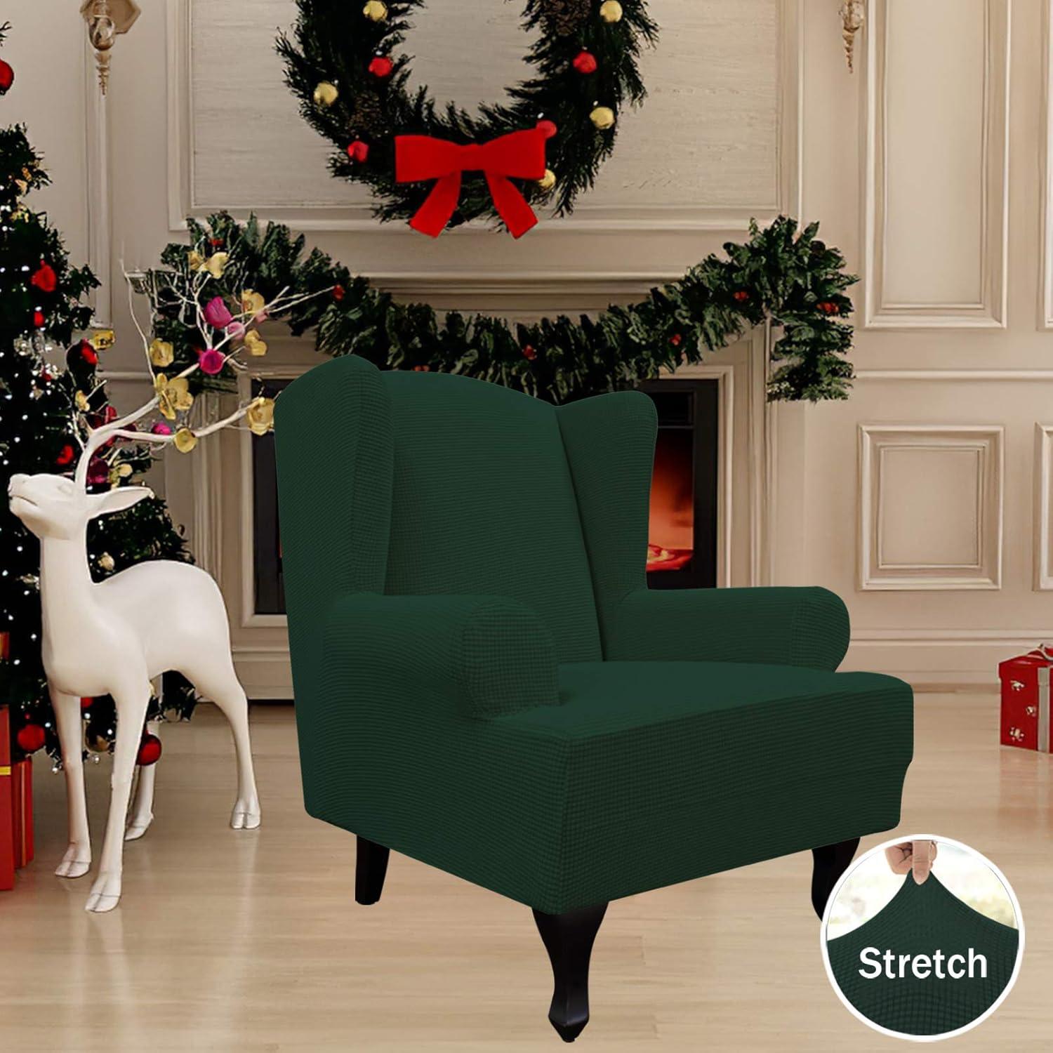 image:imageEasyGoing Stretch Wingback Chair Sofa Slipcover 1Piece Sofa Cover Furniture Protector Couch Soft with Elastic Bottom Spandex Jacquard Fabric Small ChecksWing ChairCamelDark Green