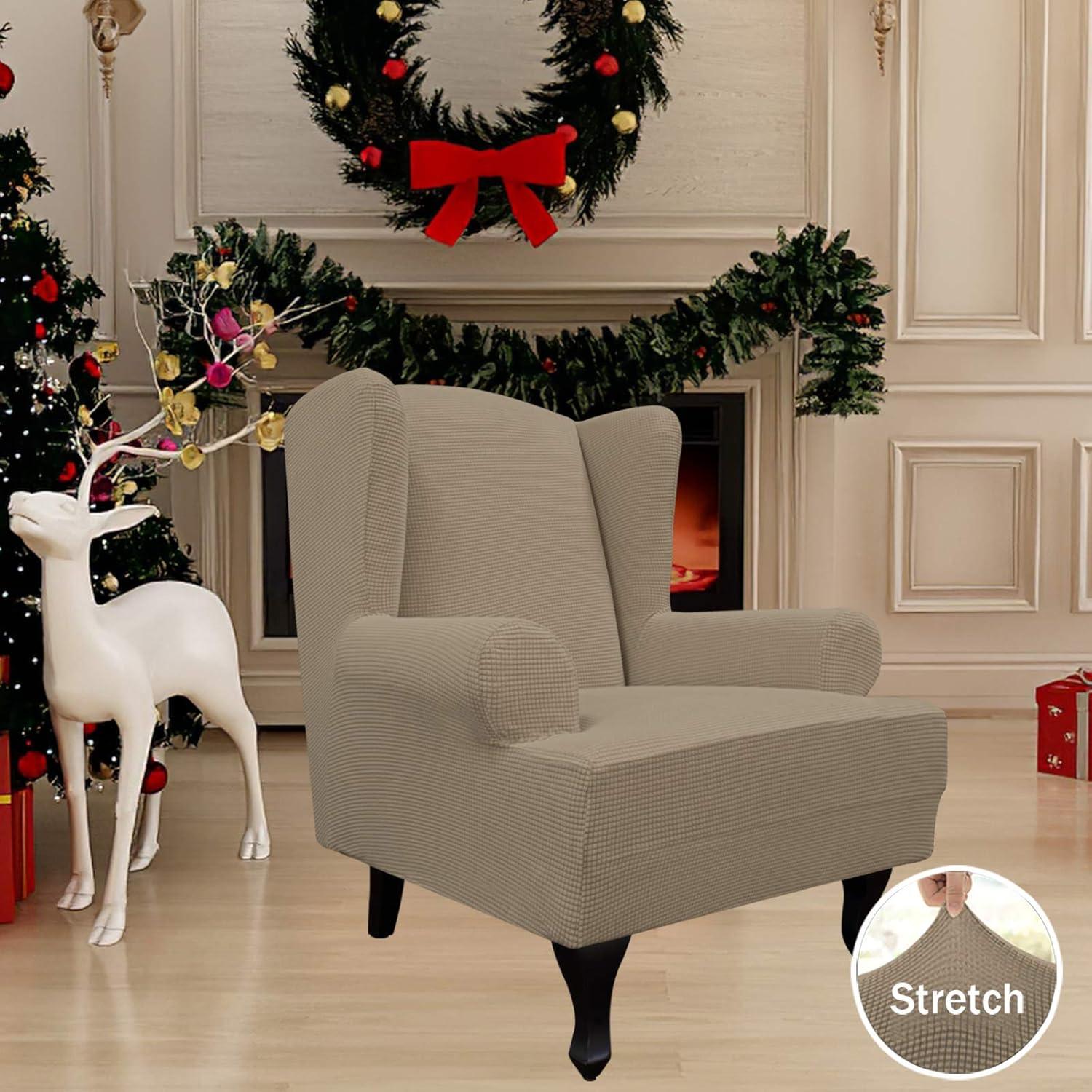image:imageEasyGoing Stretch Wingback Chair Sofa Slipcover 1Piece Sofa Cover Furniture Protector Couch Soft with Elastic Bottom Spandex Jacquard Fabric Small ChecksWing ChairCamelNatural