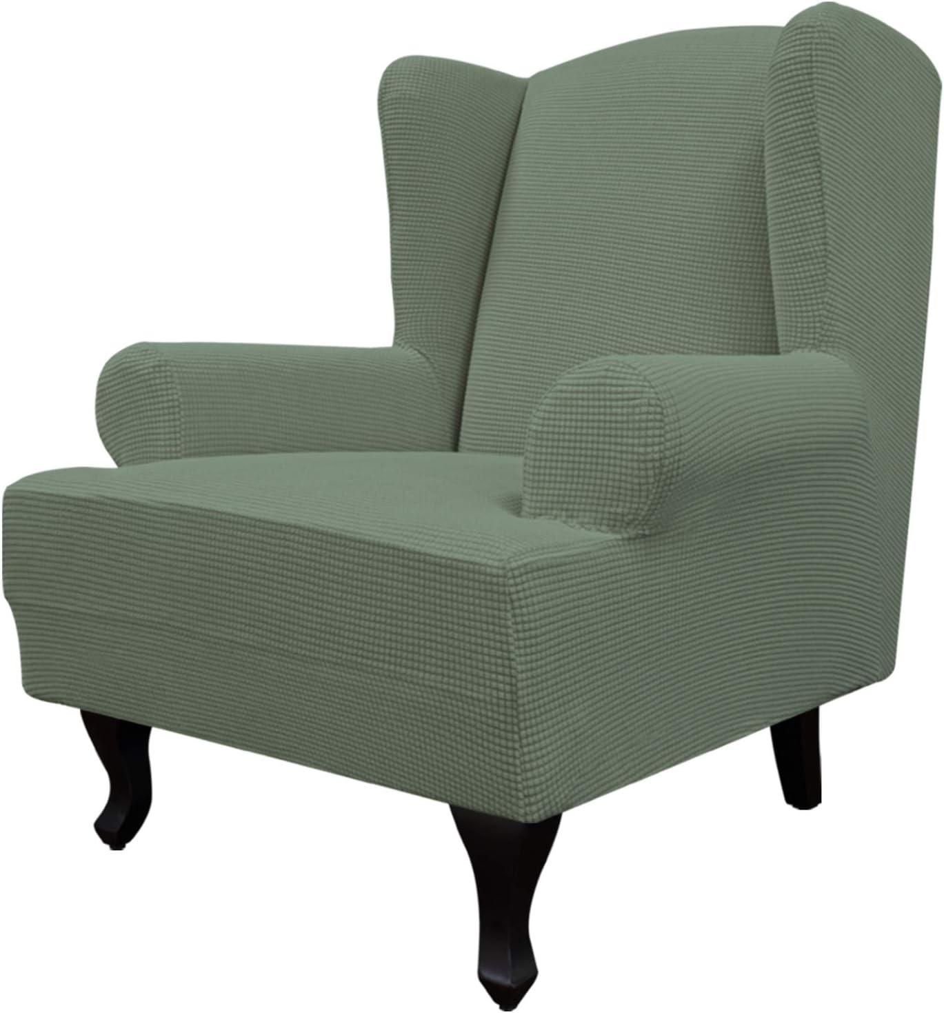 image:imageEasyGoing Stretch Wingback Chair Sofa Slipcover 1Piece Sofa Cover Furniture Protector Couch Soft with Elastic Bottom Spandex Jacquard Fabric Small ChecksWing ChairCamelGreyish Green