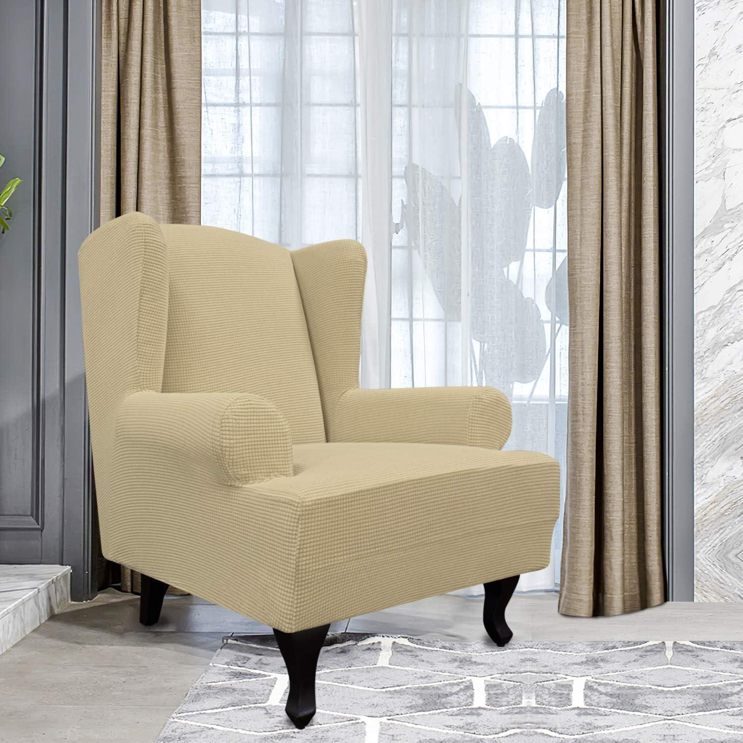 image:imageEasyGoing Stretch Wingback Chair Sofa Slipcover 1Piece Sofa Cover Furniture Protector Couch Soft with Elastic Bottom Spandex Jacquard Fabric Small ChecksWing ChairCamelBeige