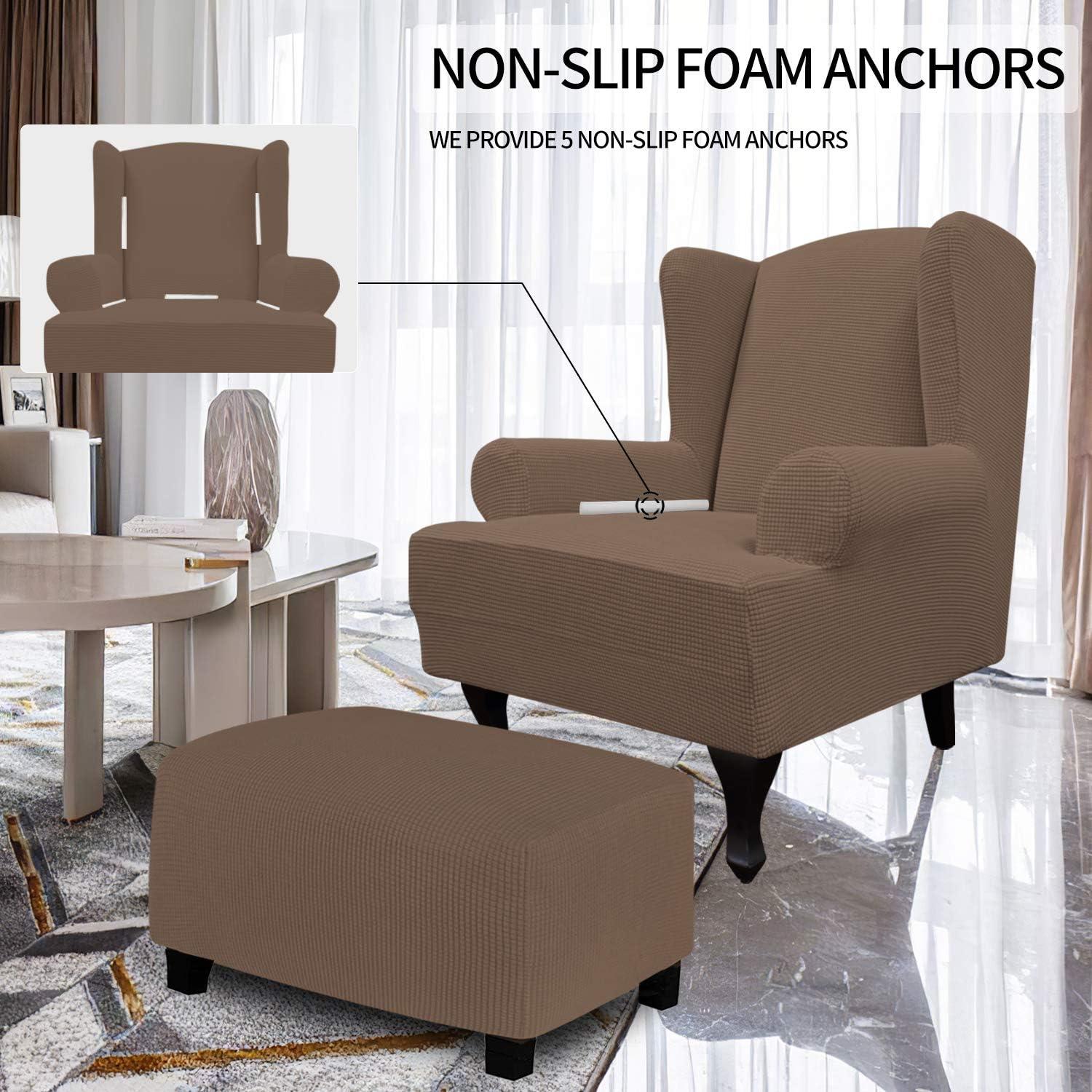 image:imageEasyGoing Stretch Wingback Chair Sofa Slipcover 1Piece Sofa Cover Furniture Protector Couch Soft with Elastic Bottom Spandex Jacquard Fabric Small ChecksWing ChairCamelBrown
