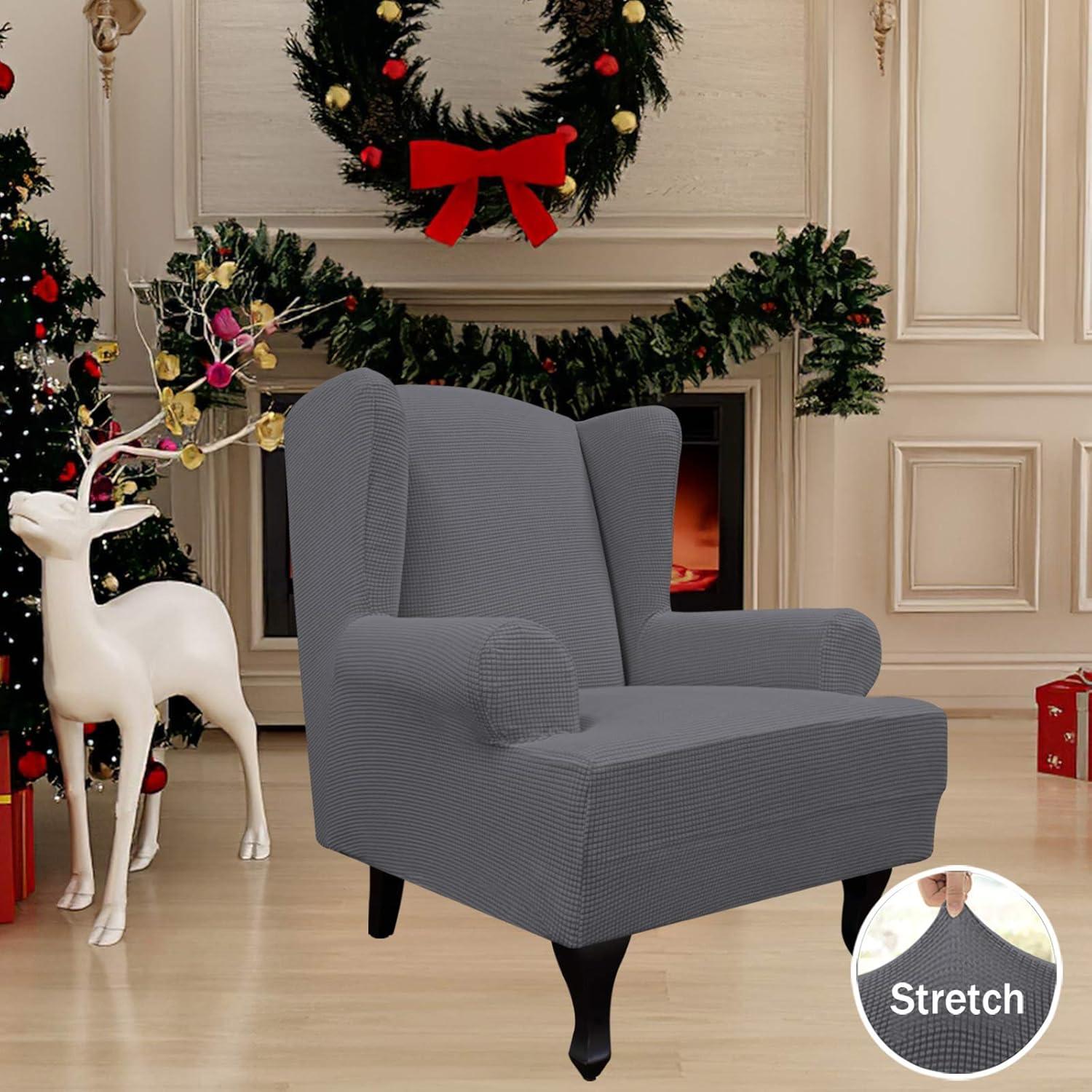 image:imageEasyGoing Stretch Wingback Chair Sofa Slipcover 1Piece Sofa Cover Furniture Protector Couch Soft with Elastic Bottom Spandex Jacquard Fabric Small ChecksWing ChairCamelGrey