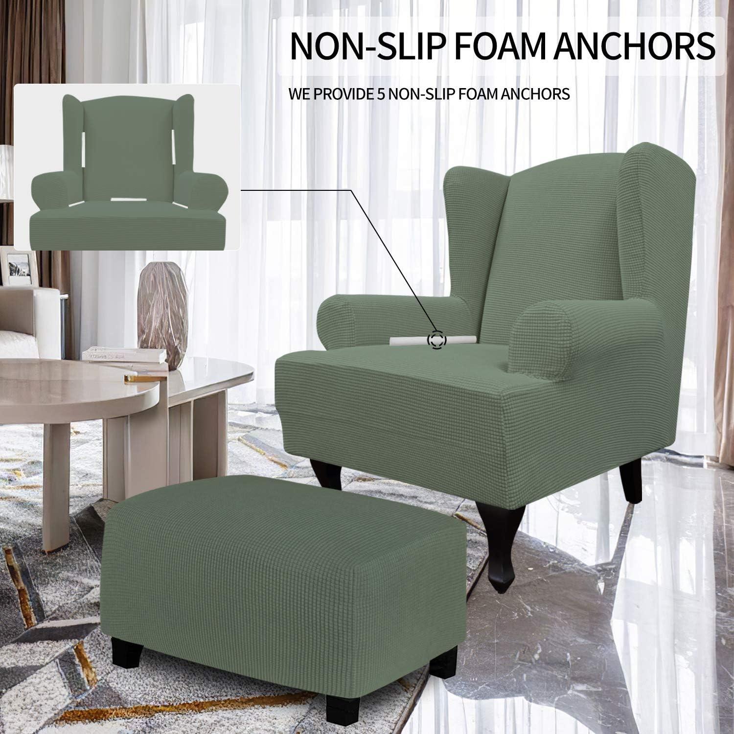 image:imageEasyGoing Stretch Wingback Chair Sofa Slipcover 1Piece Sofa Cover Furniture Protector Couch Soft with Elastic Bottom Spandex Jacquard Fabric Small ChecksWing ChairCamelGreyish Green
