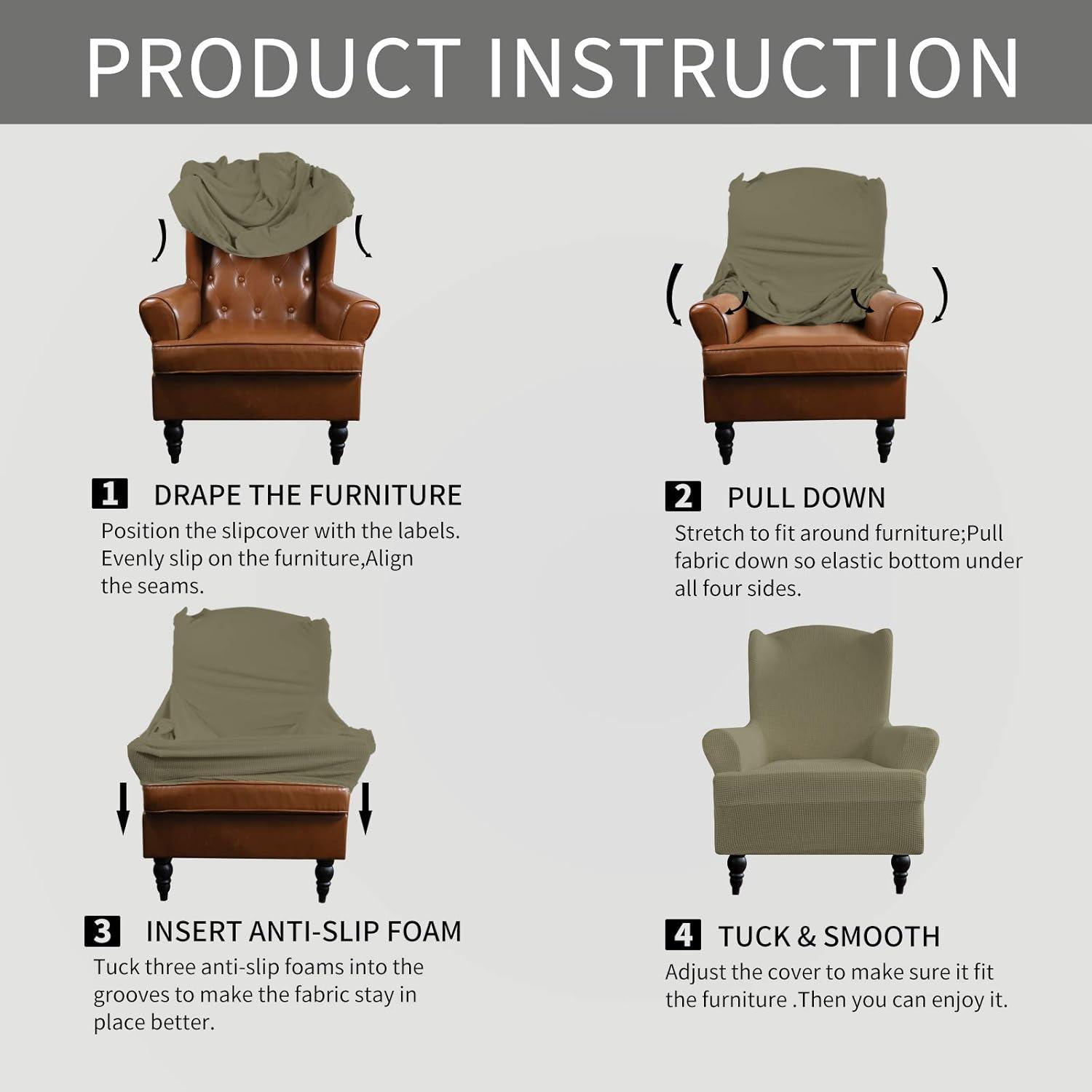 image:imageEasyGoing Stretch Wingback Chair Sofa Slipcover 1Piece Sofa Cover Furniture Protector Couch Soft with Elastic Bottom Spandex Jacquard Fabric Small ChecksWing ChairCamelKhaki