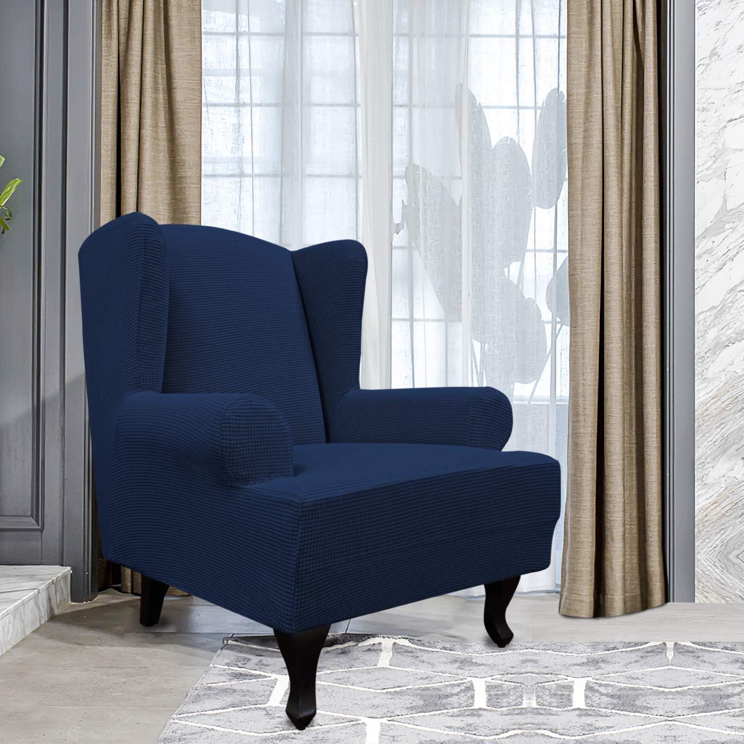 image:imageEasyGoing Stretch Wingback Chair Sofa Slipcover 1Piece Sofa Cover Furniture Protector Couch Soft with Elastic Bottom Spandex Jacquard Fabric Small ChecksWing ChairCamelNavy