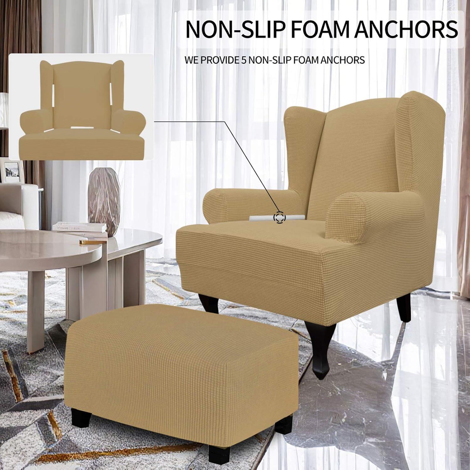 image:imageEasyGoing Stretch Wingback Chair Sofa Slipcover 1Piece Sofa Cover Furniture Protector Couch Soft with Elastic Bottom Spandex Jacquard Fabric Small ChecksWing ChairCamelGolden