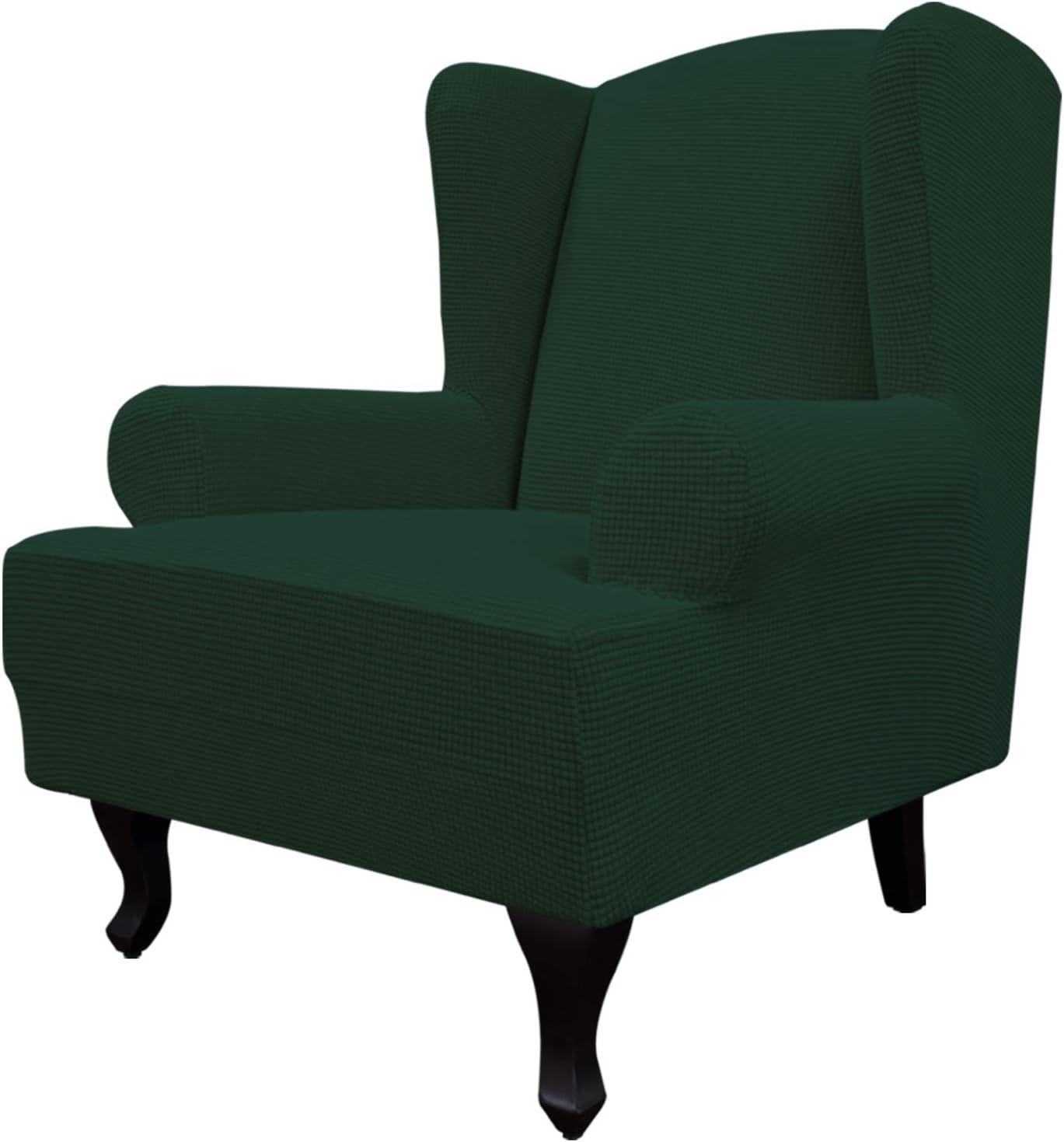 image:imageEasyGoing Stretch Wingback Chair Sofa Slipcover 1Piece Sofa Cover Furniture Protector Couch Soft with Elastic Bottom Spandex Jacquard Fabric Small ChecksWing ChairCamelDark Green